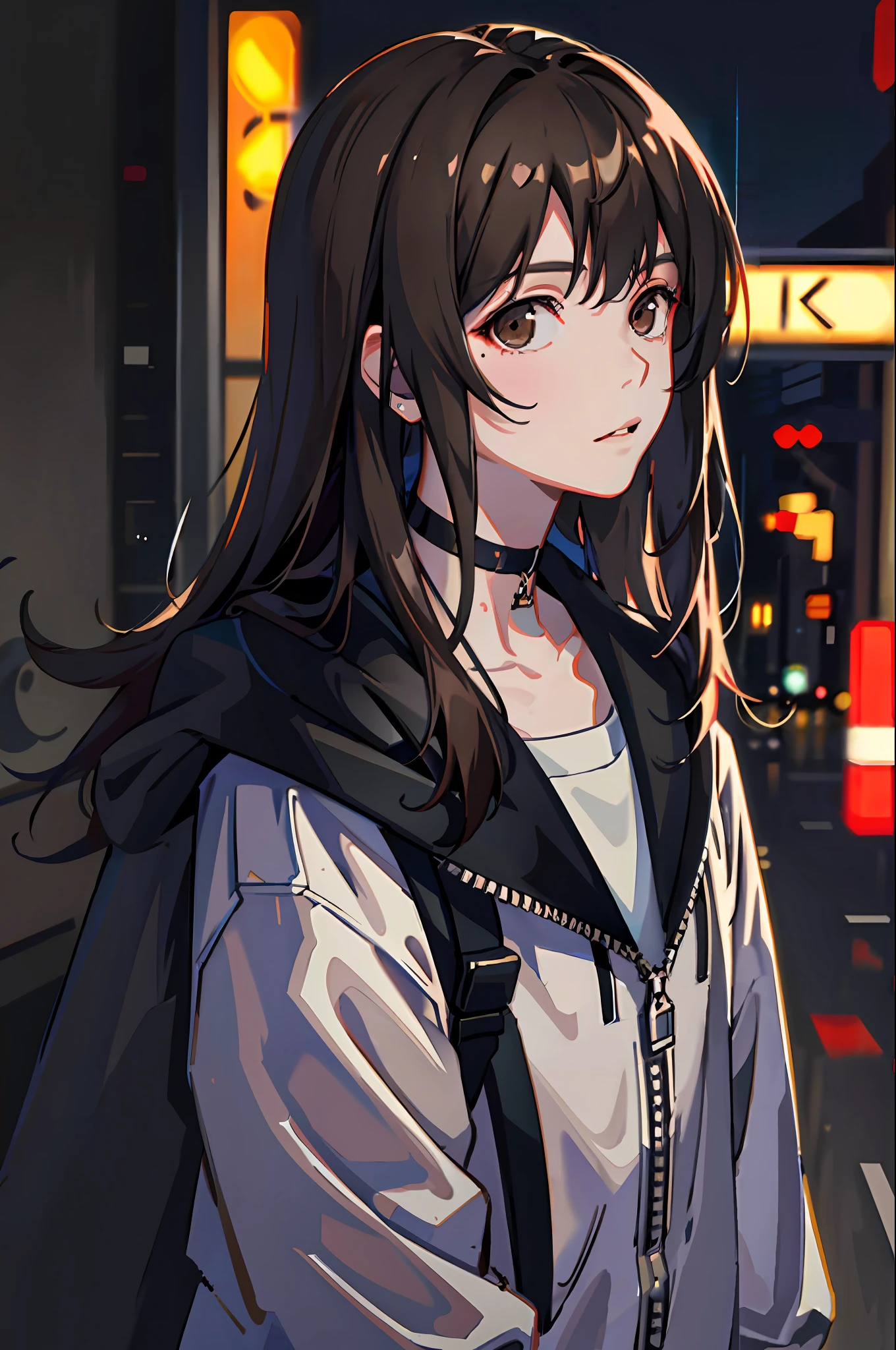 1boy, jacket, rain, outdoor, sweatshirt, open jacket, choker, backpack, looking at other, long messy brown hair, long hair, trend in artstation, 8k resolution, highly detailed, anatomically correct, sharp image, digital painting, concept art, trend in pixiv, Makoto Shinkai style,