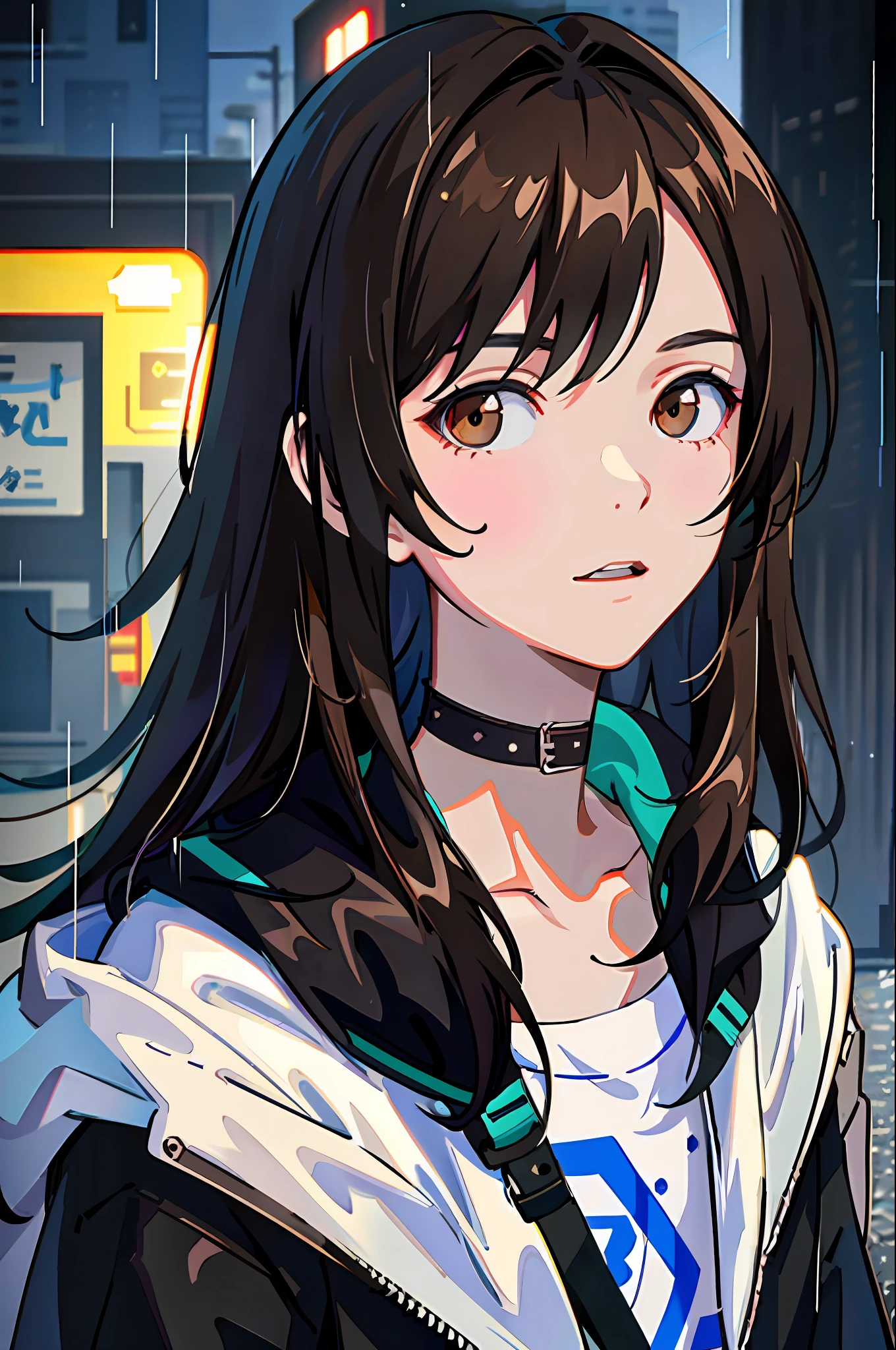1boy, jacket, rain, outdoor, sweatshirt, open jacket, choker, backpack, looking at other, long messy brown hair, long hair, trend in artstation, 8k resolution, highly detailed, anatomically correct, sharp image, digital painting, concept art, trend in pixiv, Makoto Shinkai style,