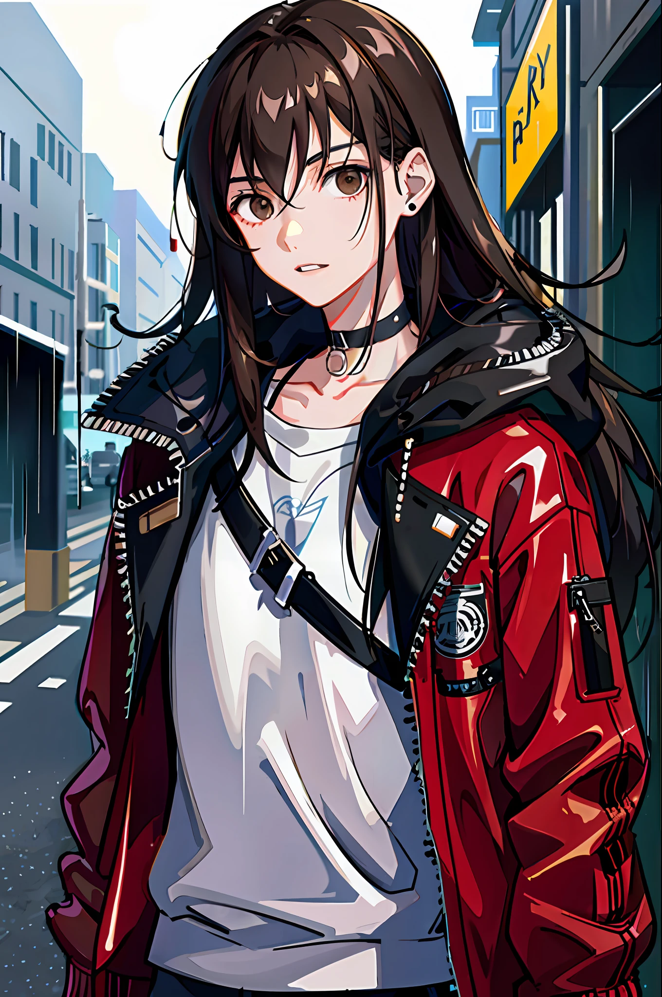 1boy, jacket, rain, outdoor, sweatshirt, open jacket, choker, backpack, looking at other, long messy brown hair, long hair, trend in artstation, 8k resolution, highly detailed, anatomically correct, sharp image, digital painting, concept art, trend in pixiv, Makoto Shinkai style,