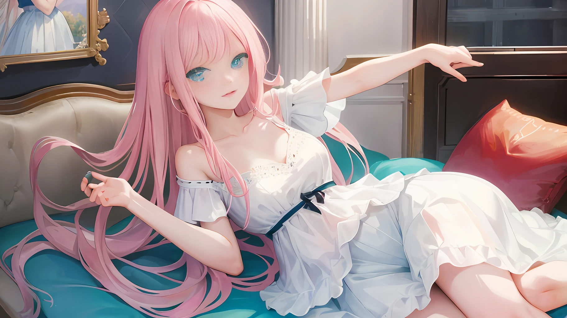 ((Best quality)), (Masterpiece: 1.2), (Delicate Beautiful Girl), Illustration, 1 girl, long pink hair, blue eyes, white T-shirt, skirt, luxurious room, sofa, red wine