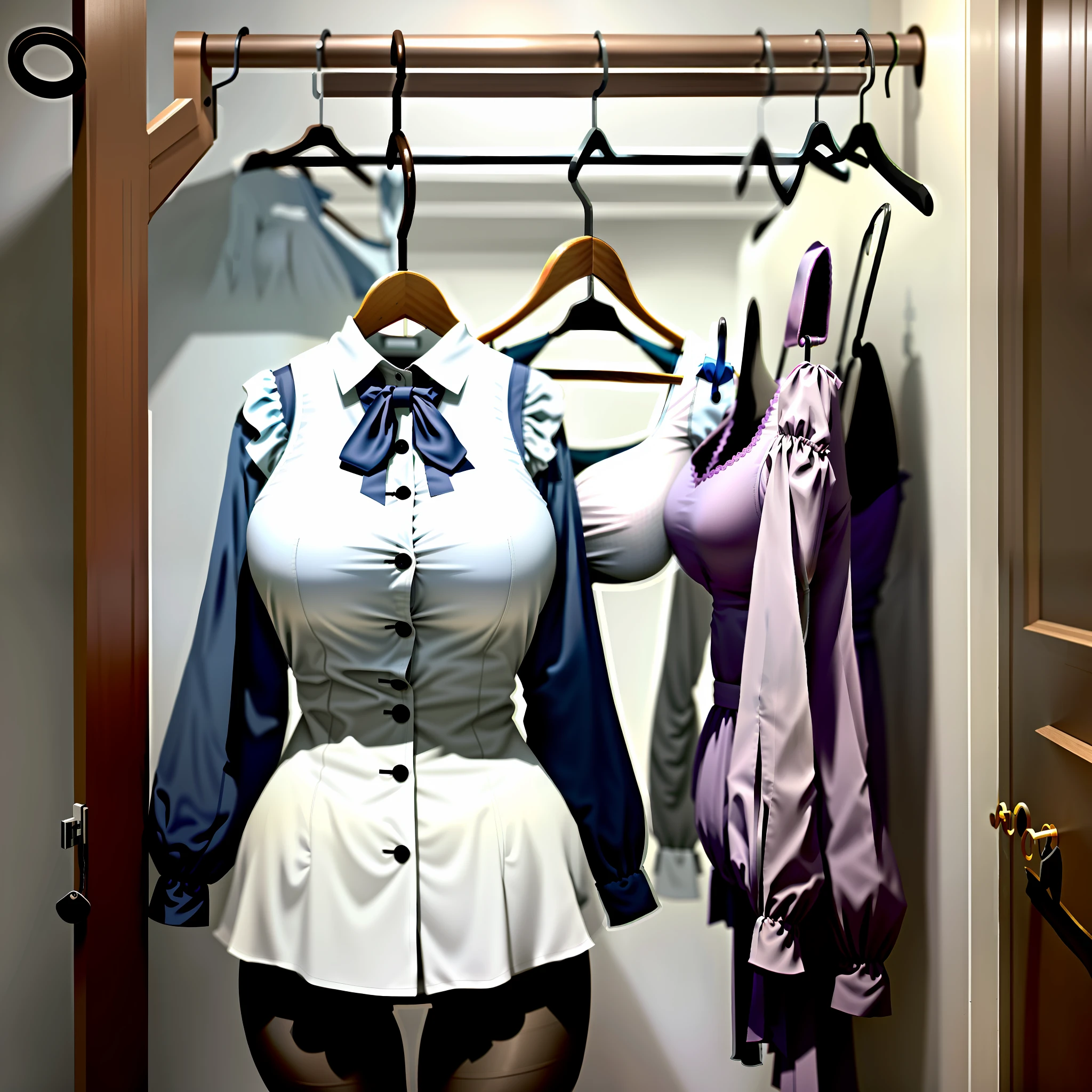 Invisible girls, blouses without humans, headless, blouses, (realistic: 0), headless, empty, handless, headless, invisible girls, blouses with cleavages, empty clothes, invisible body, invisible head, empty clothes, invisible girl, hanger blouses with cleavages, invisible body, invisible head, blouses has big breasts and cleavages, tights, hanger blouses in a closet swells as if worn by invisible busty girls, girl's busty blouses begin to pose on its own as if worn by invisible girls, blouses with vests, hanger blouses has big breasts and cleavages,invisible girls, without humans, headless, 8K, highest quality, ultra-high resolution,