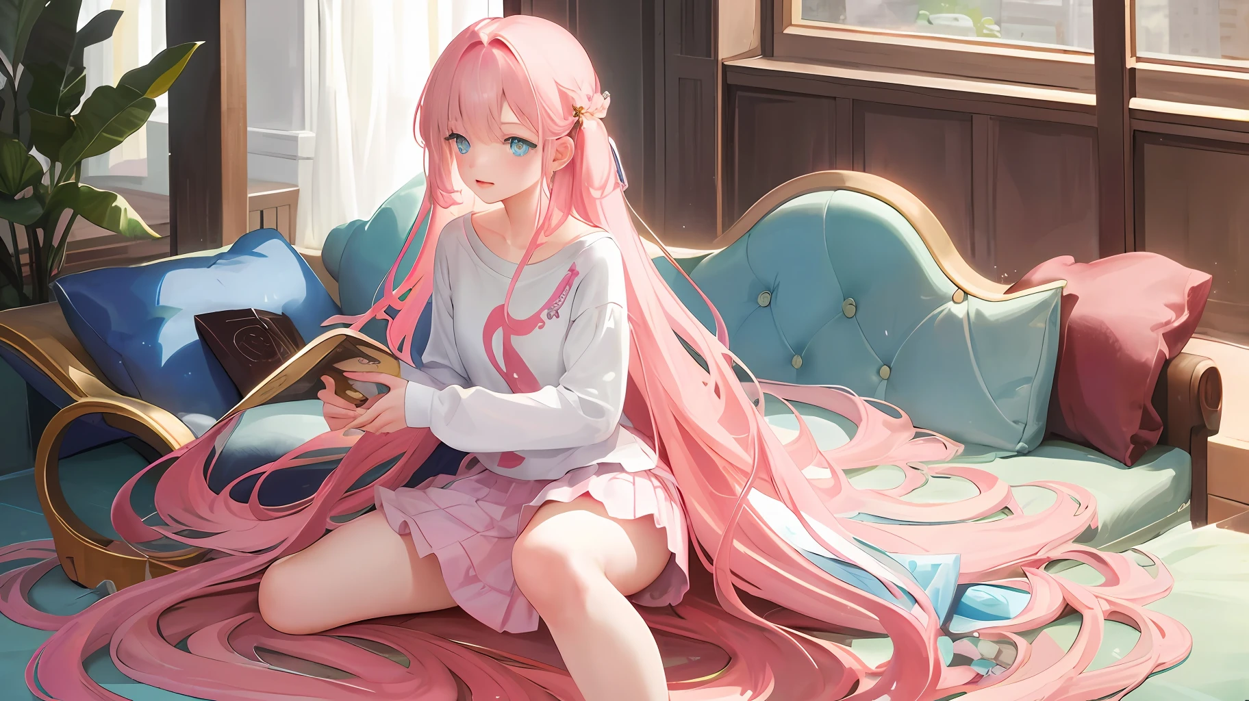 ((Best quality)), (Masterpiece: 1.2), (Delicate Beautiful Girl), Illustration, 1 girl, long pink hair, blue eyes, white T-shirt, skirt, luxurious room, sofa, red wine