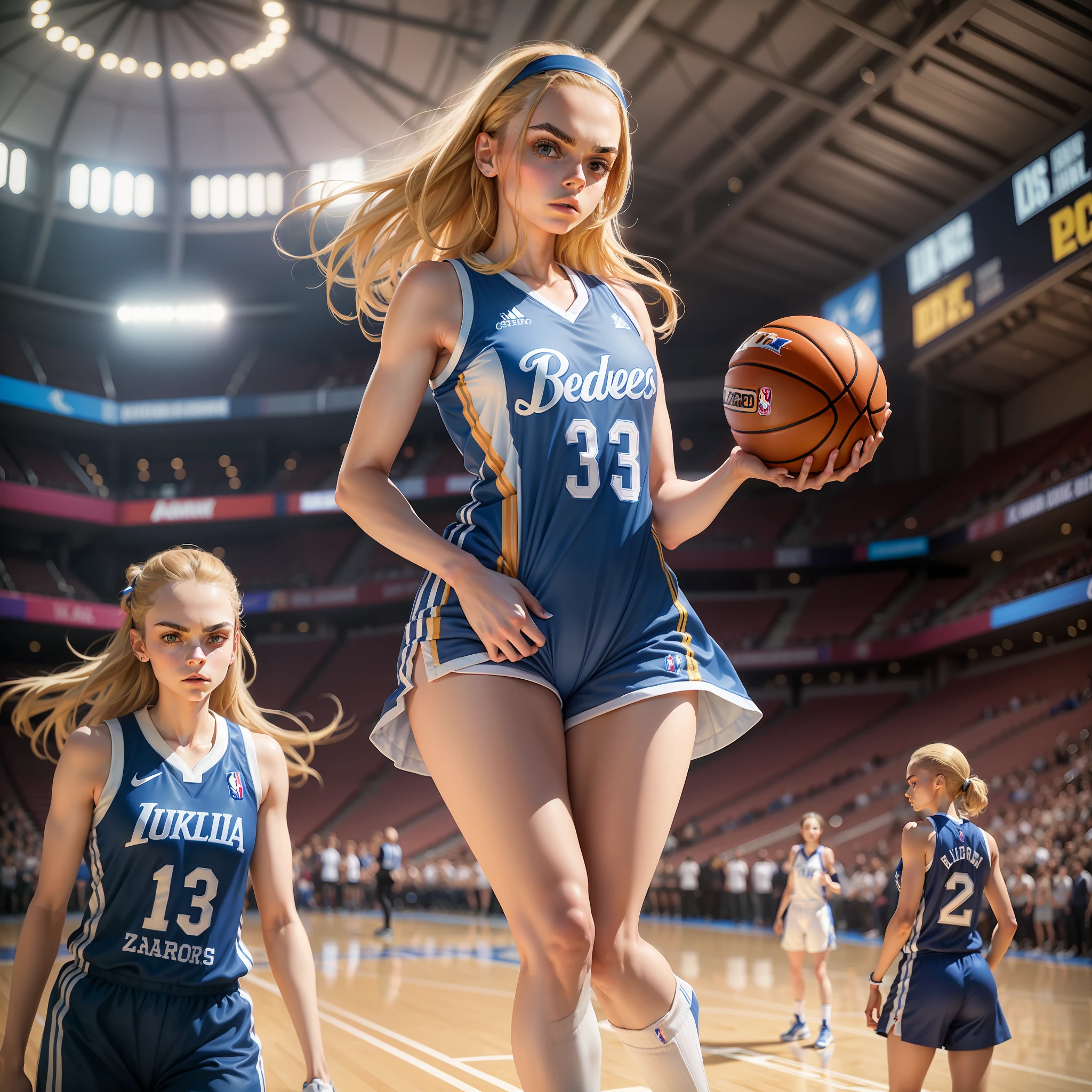 arafed female basketball player in a blue and white uniform, wearing nba jersey, emma watson as a tall nba player, cara delevingne standing, full legs, wearing basketball jersey, athletic fashion photography, long legs, leg and thigh shot, sophie turner girl, portrait of zendaya, corinne day, “zendaya, alexa grace, thighs close up, karolina cummings
