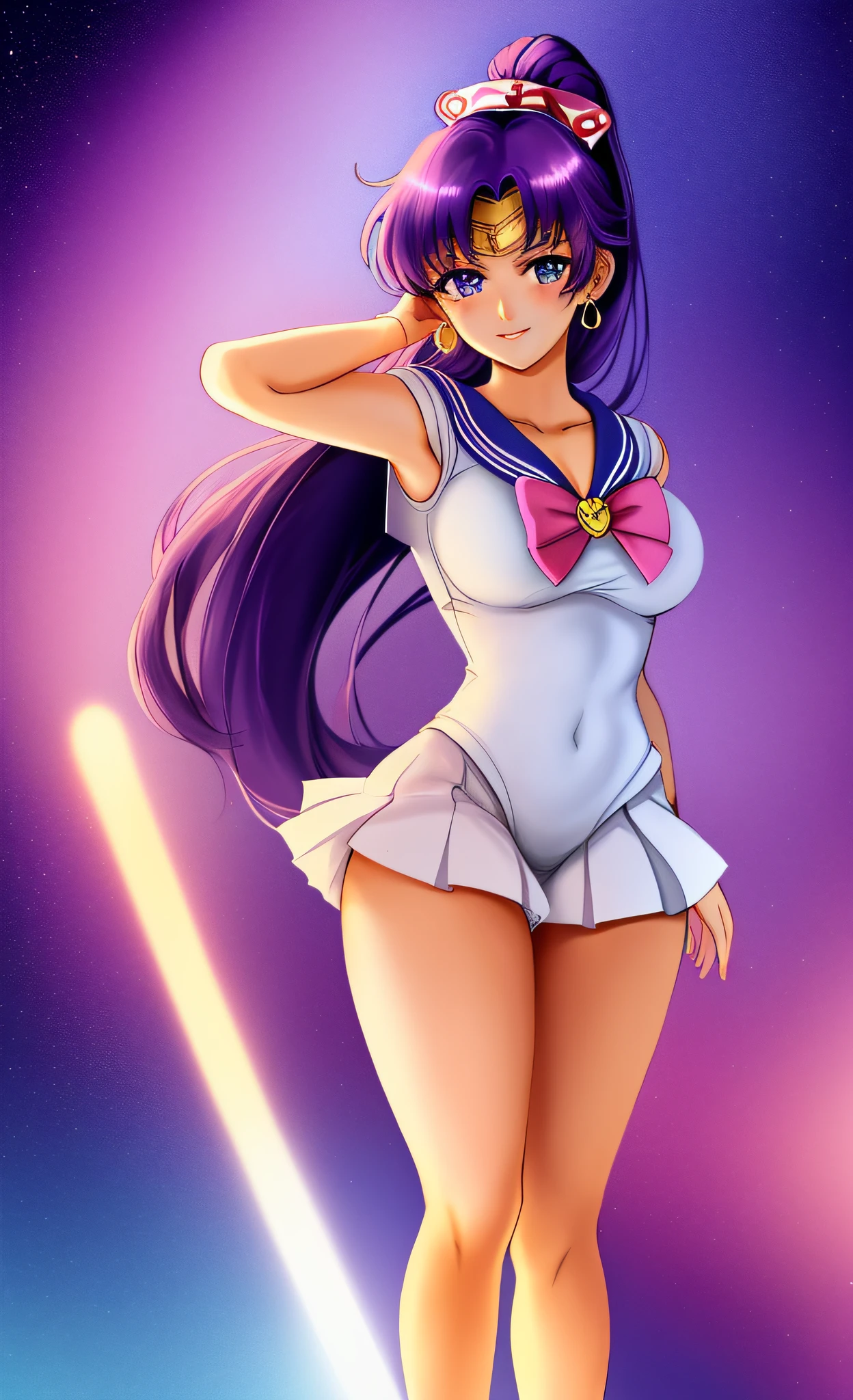 (Sailor Moon), ultra detailed, masterpiece, best quality, nurse, tan skin, ponytail,(sailor moon costume), blue eyes,purple hair, long hair,smile, nsfw, big breasts, sneakers, thigh highs, panties, wide hips, short, solo, full body portrait, model pose, show all