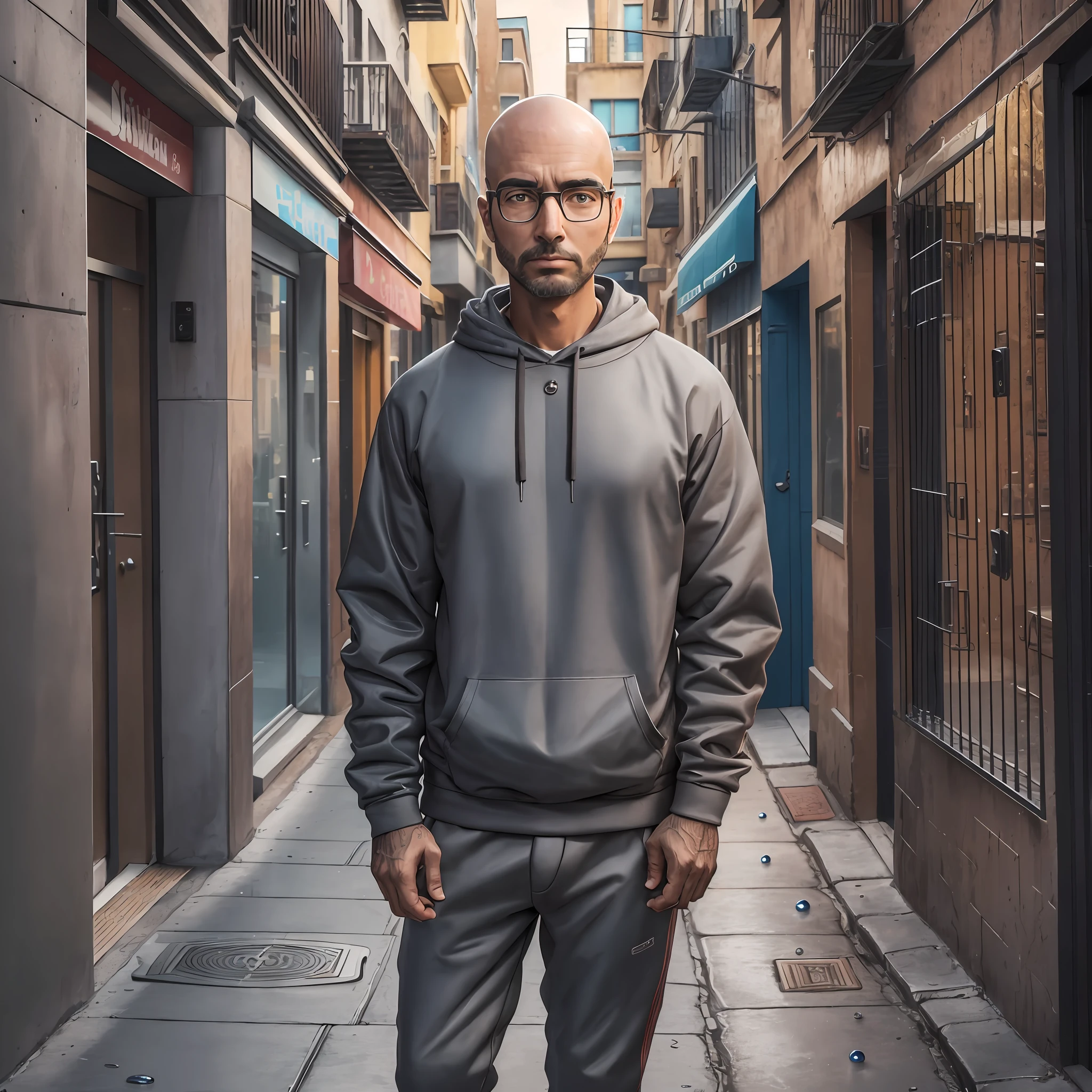 Surrealism, 8k, super detail, man, 30 years old, sneakers, gray sweatshirt, standing on a sidewalk, urban center, the man has no hair, wears dark frame glasses, it is raining, the drops fall on the skin of his face, he has a low, thin beard --auto --s2