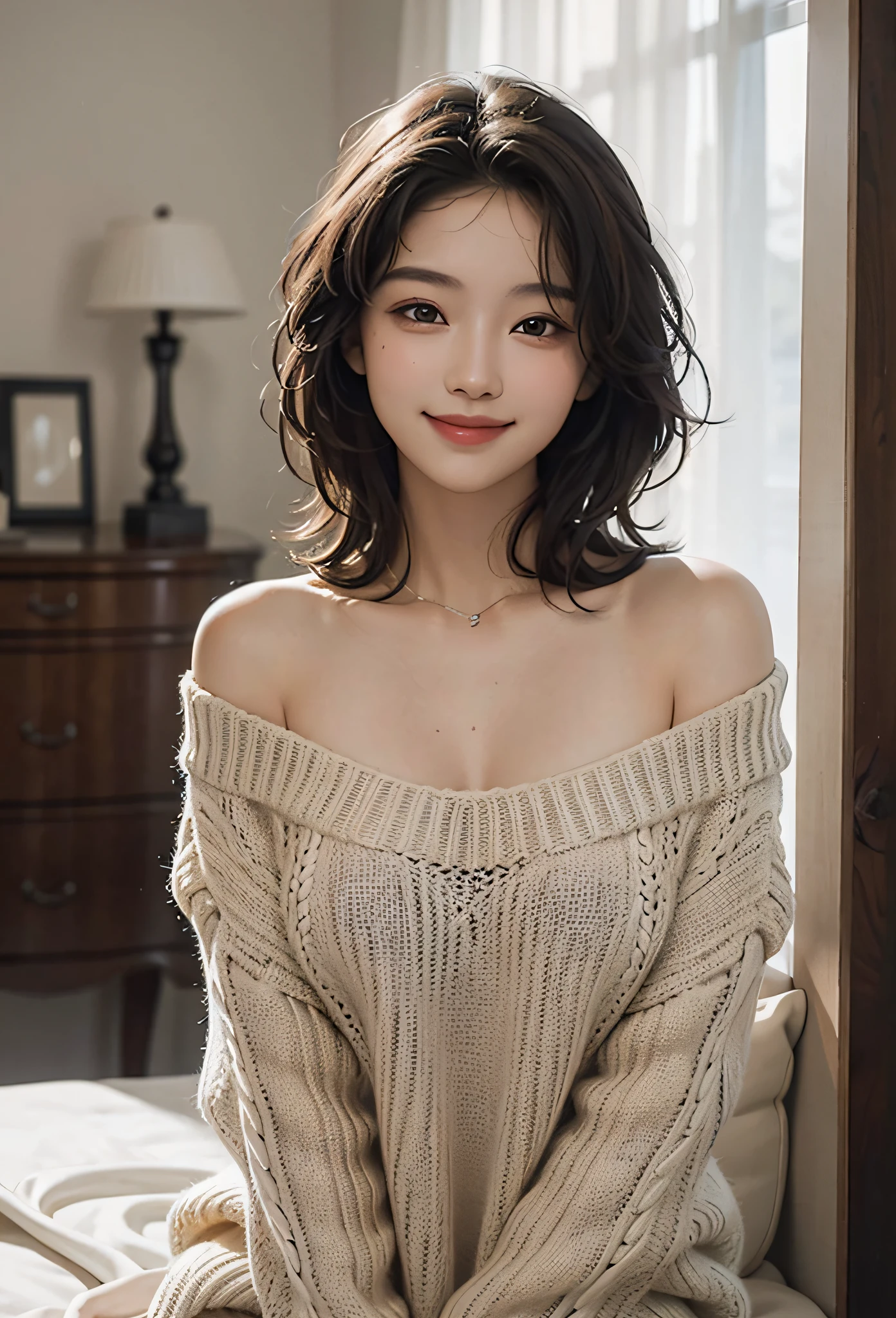 Top Quality, Masterpiece, Ultra High Resolution, Photorealistic, 1 Girl, Off Shoulder, Smile, oversized_sweater, Soft Lighting, Detailed Skin, Black Hair