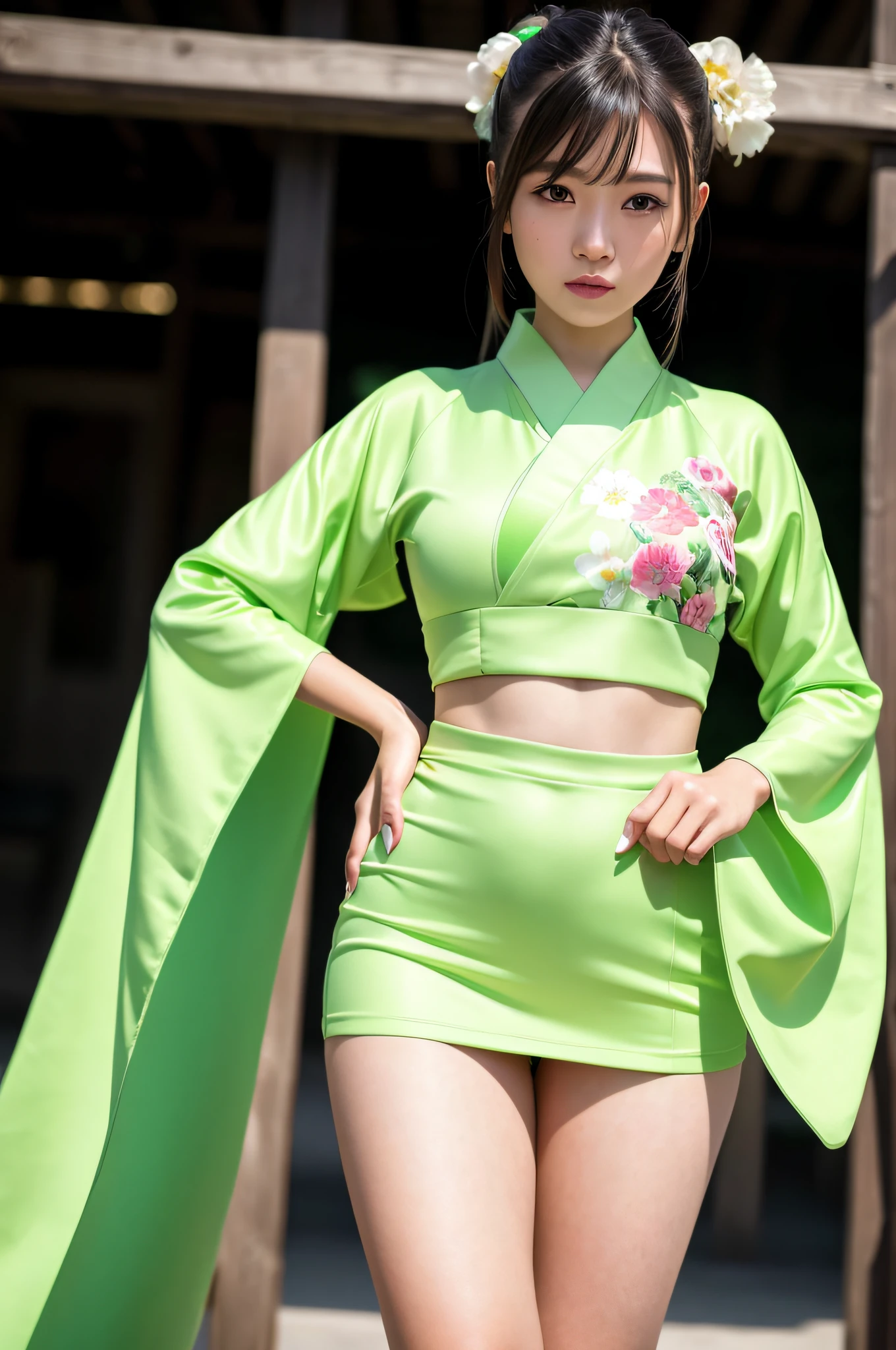 ultra high res, best quality, photo, 4k, (photorealistic:1.4),
1girl, high ponytail, 
hanfugirl,light green hanfu, floral print, 
arms behind back,