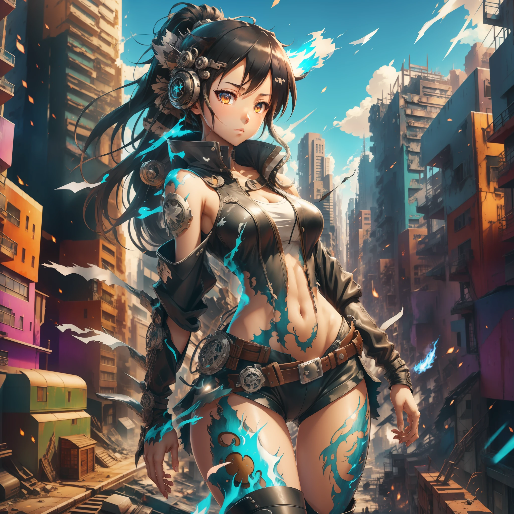 anime style, natural pose, freedom, digital illustration, (anime style), perfect anatomy, black rock shooter, highly detailed, art station, concept art, soft and sharp focus, well-formed eyes, beautiful face, well-defined hips, shy and seductive, sexy left eye with blue flame, chaotic scenery, buildings in the background destroyed, black leather jacket, beautiful scenery, hyper detailed, Buildings.