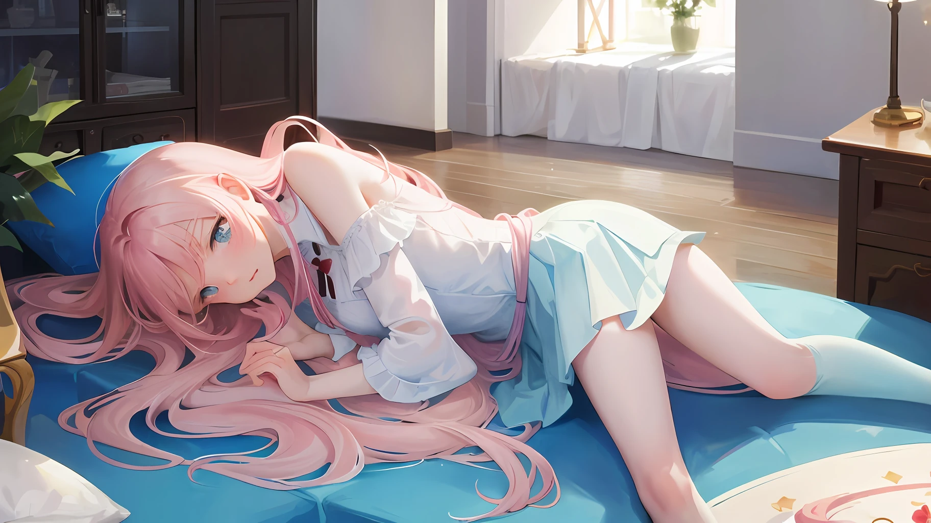 ((Best Quality)), (Masterpiece: 1.2), (Delicate Beautiful Girl), Illustration, 1 Girl, Long Pink Hair, Blue Eyes, White Shirt Skirt, Luxurious Room, Sofa, Red Wine