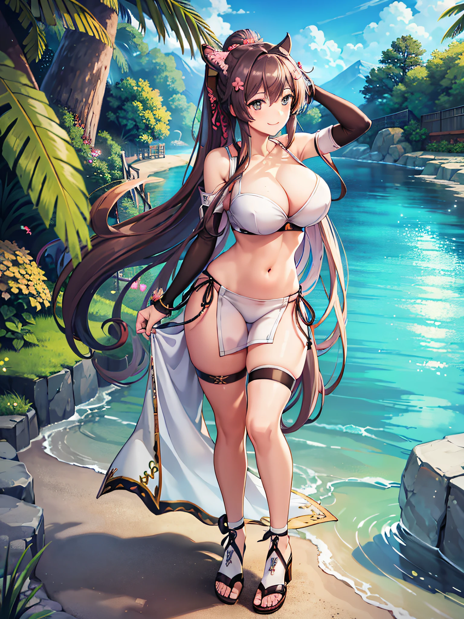 (masterpiece)), ((best quality)), (ultra-detailed), ((kawaii)), cute, (lovely), ((extremely detailed)), 4K, (8K), best quality, (beautiful),(((world-class quality))), extremely detailed, high resolution, (detailed shaded pretty face), full body, ager, solo, (((gigantic breasts))), (((sagging breasts))), (summer_costume), (swimsuit), (official alternate costume), ((white_bikini)), (sarong), (headgear,) (sandals), (thigh_strap), (nave)l, (collarbone), smile, brown heir