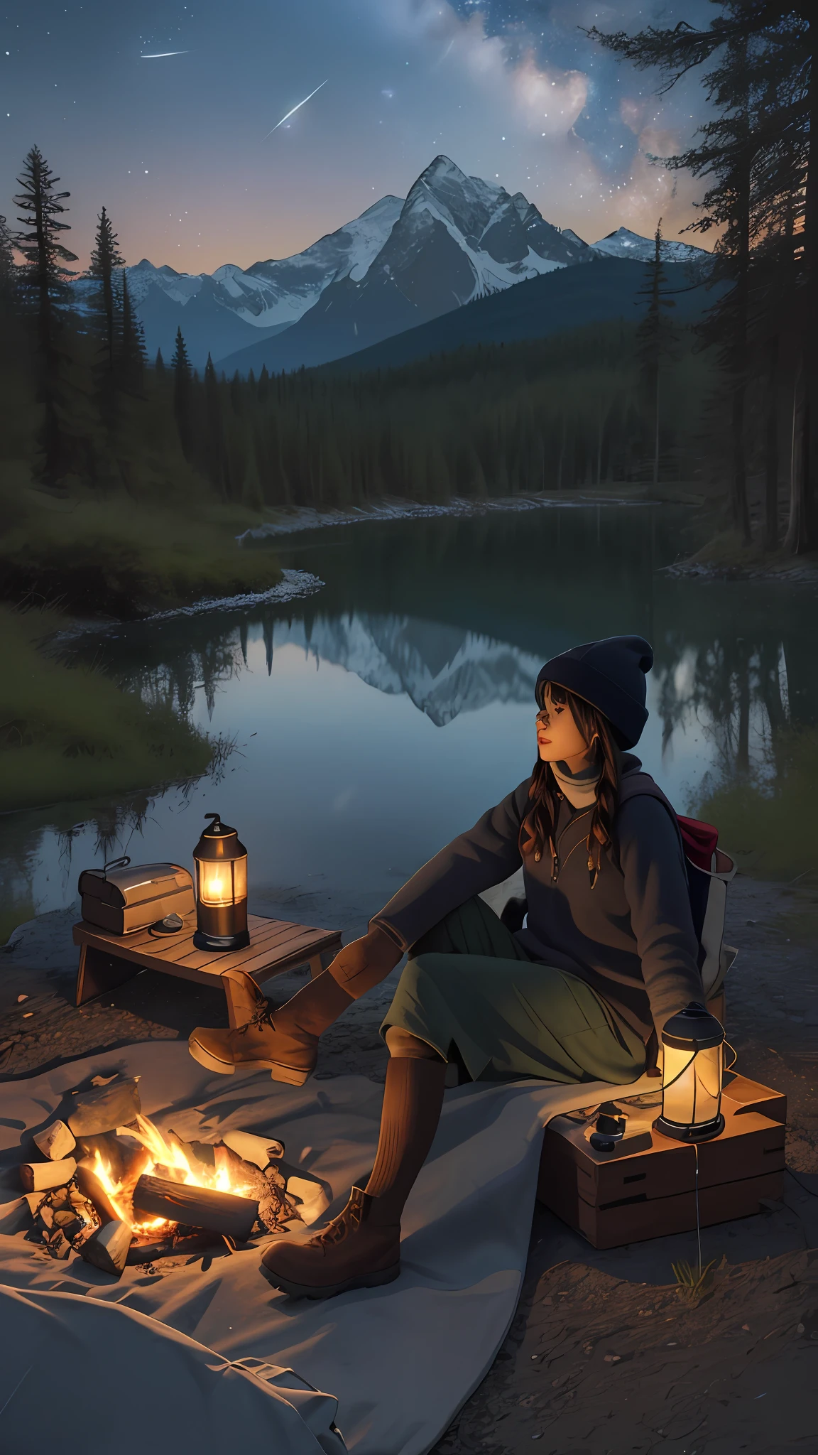 (RAW photo, highest quality), (realistic, photorealistic: 1.3), very delicate and beautiful, amazing, fine detail, masterpiece, super detail, high resolution, (best illustration), (best shadow), complex,
girl alone, solo, outdoors, camping, night, mountain, nature, stars, moon, tent, twin ponytail, green eyes, cheerful, happy, backpack, sleeping bag, camping stove, water bottle, mountain boots, gloves, sweater, hat, flashlight, forest, rock, river, wood, smoke, shadow, contrast, clear sky, constellation, milky way, peaceful, calm, quiet, remote, secluded, adventurous, exploration, escape, independence, survival, resourcefulness, challenge, patience, stamina, endurance, observation, intuition, adaptability, creativity, imagination, artistry, inspiration, beauty, awe, wonder, gratitude, gratitude, relaxation, fun, rejuvenation, mindfulness, consciousness, connection, harmony, balance, texture, detail, realism, depth, perspective, composition, color, light, shadow, reflection, refraction, tone, contrast, foreground, middle, background, naturalistic, figurative, expressive, impressionist, expressionist, abstract, innovative, experimental, unique