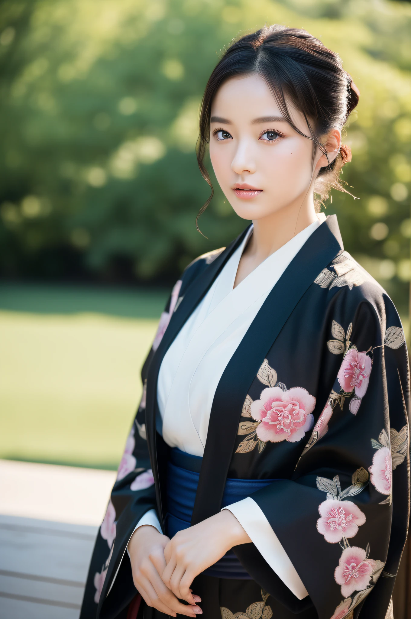 ((Top Quality, 8K, Masterpiece: 1.3)), Sharp Focus: 1.2, (Super Beautiful Face: 1.0), (Glossy Skin: 1.0), Realistic Photos, Black Hair, Realistic Pupils, Movie Lighting, Highly Detailed Eyes and Face, Movie Lighting, (Cowboy Shot: 1.0), (kimono, hakama, obi: 1.2),