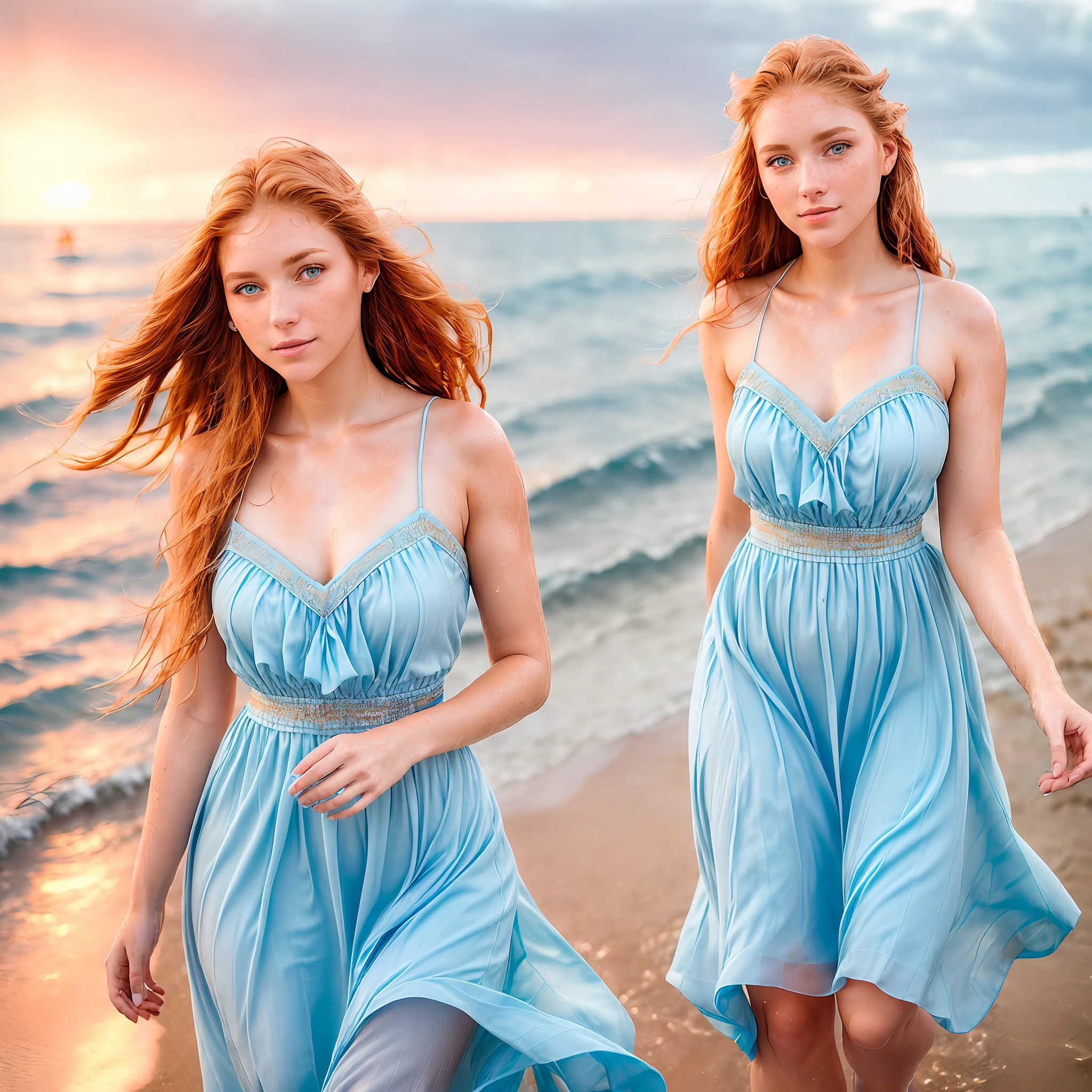 ((((Show woman walking on the beach in traditional light blue dress)))) (sharp focus:1.2), photo, (an 18-year-old girl), (beautiful detailed face:1.2), detailed eyes, curious eyes, long ginger hair, (freckles), (beautiful skin), in the sea, ((immersed in water up to the chin)), (wide-angle), (((sunset)) , (looking at the viewer), weak smile, clear water,