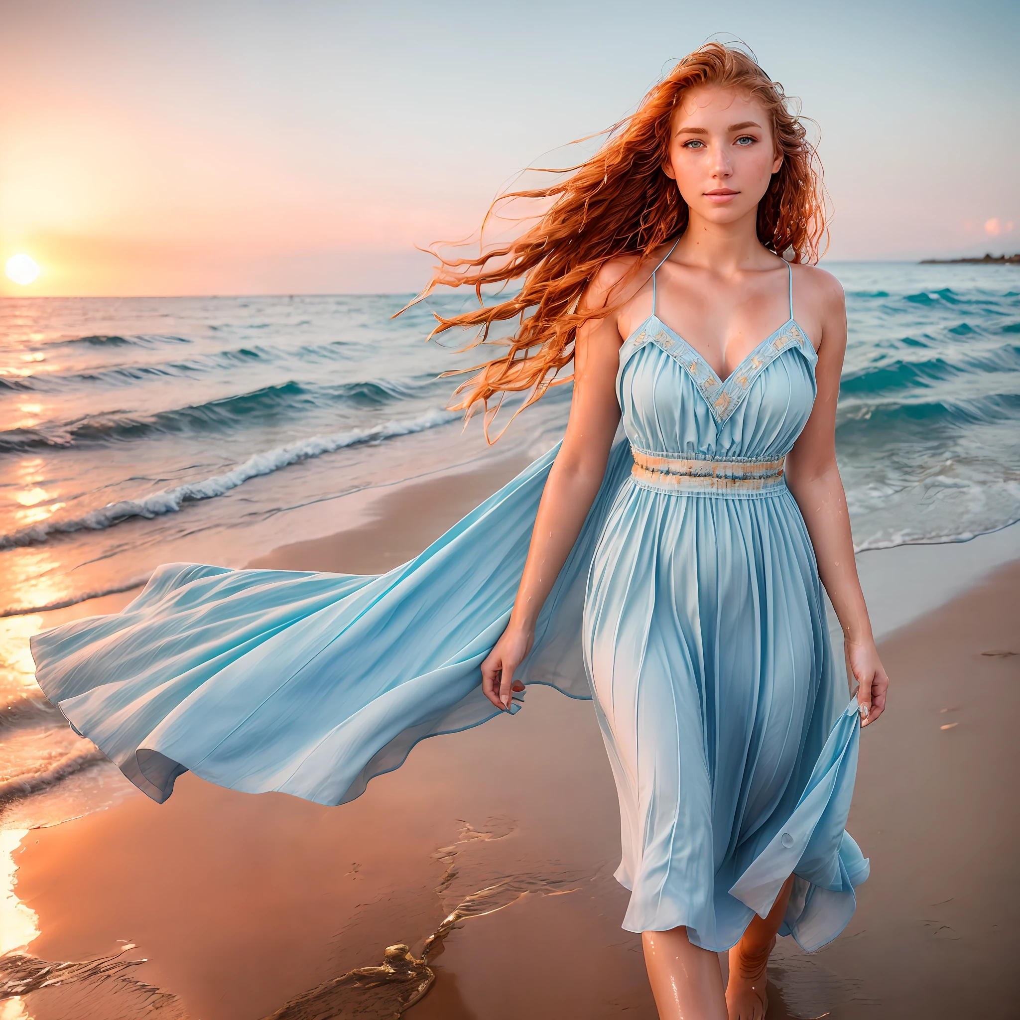 ((((Show woman walking on the beach in traditional light blue dress)))) (sharp focus:1.2), photo, (an 18-year-old girl), (beautiful detailed face:1.2), detailed eyes, curious eyes, long ginger hair, (freckles), (beautiful skin), in the sea, ((immersed in water up to the chin)), (wide-angle), (((sunset)) , (looking at the viewer), weak smile, clear water,