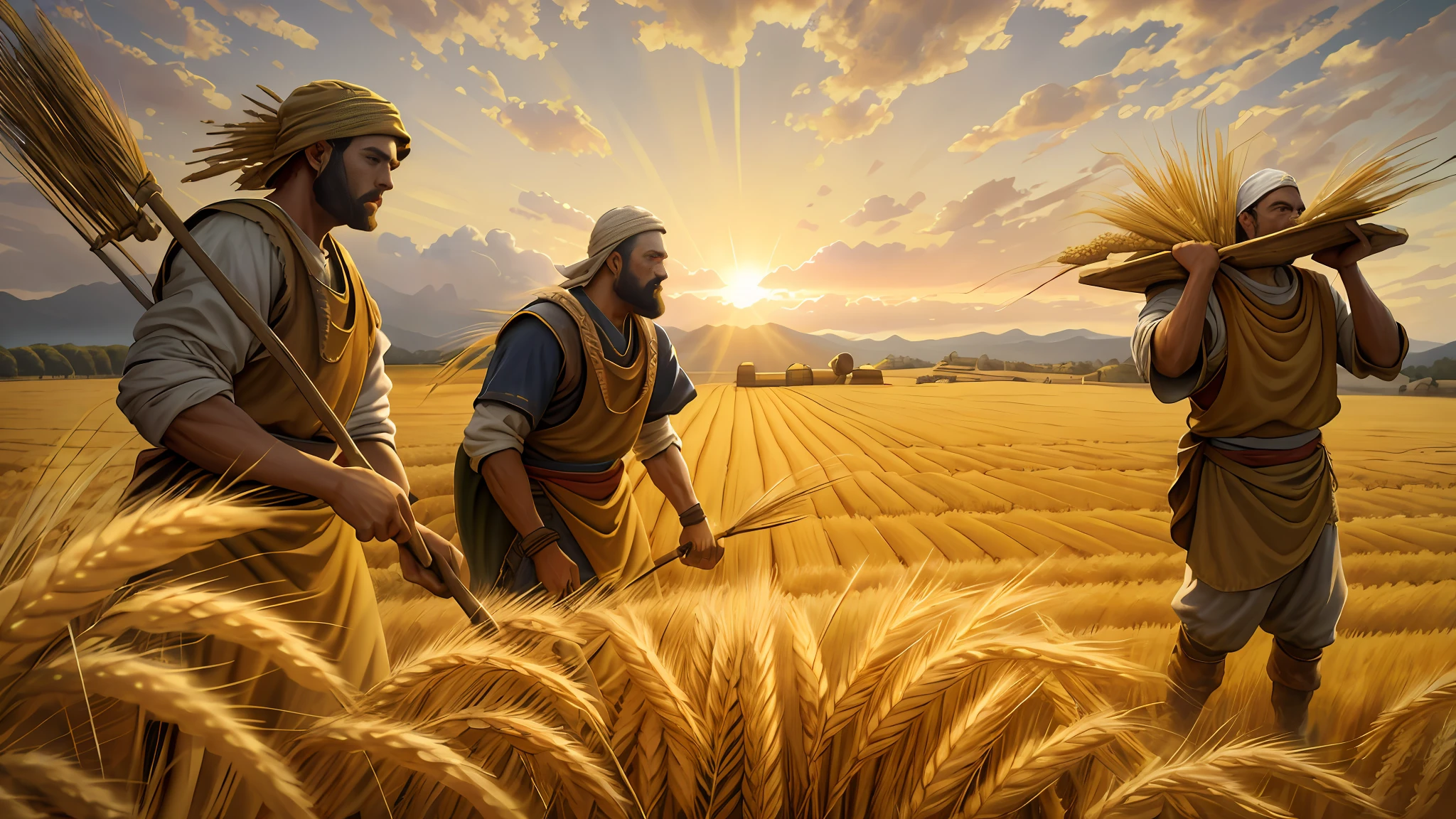 Oil painting, there are three men harvesting and carrying wheat in the field, epic biblical representation, 8k uhd, cinematic lighting, high quality, --s2