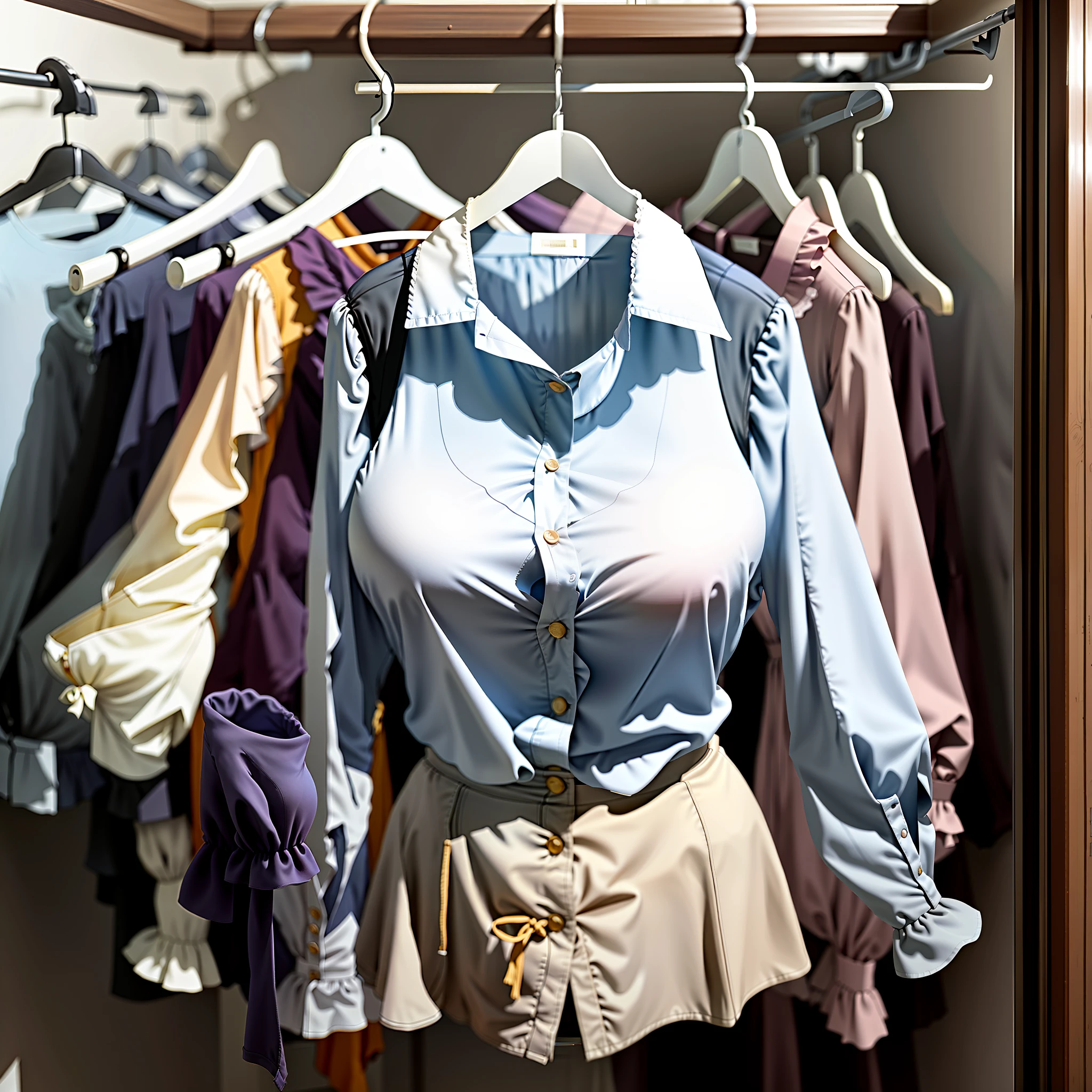 Invisible girls, blouses without humans, headless, blouses, (realistic: 0), headless, empty, handless, headless, invisible girls, blouses with cleavages, empty clothes, invisible body, invisible head, empty clothes, invisible girl, hanger blouses with cleavages, invisible body, invisible head, blouses has big breasts and cleavages, tights, hanger blouses in a closet swells as if worn by invisible busty girls, girl's busty blouses begin to pose on its own as if worn by invisible girls, blouses with vests, hanger blouses has big breasts and cleavages,invisible girls, without humans, headless, highest quality, ultra-high resolution,