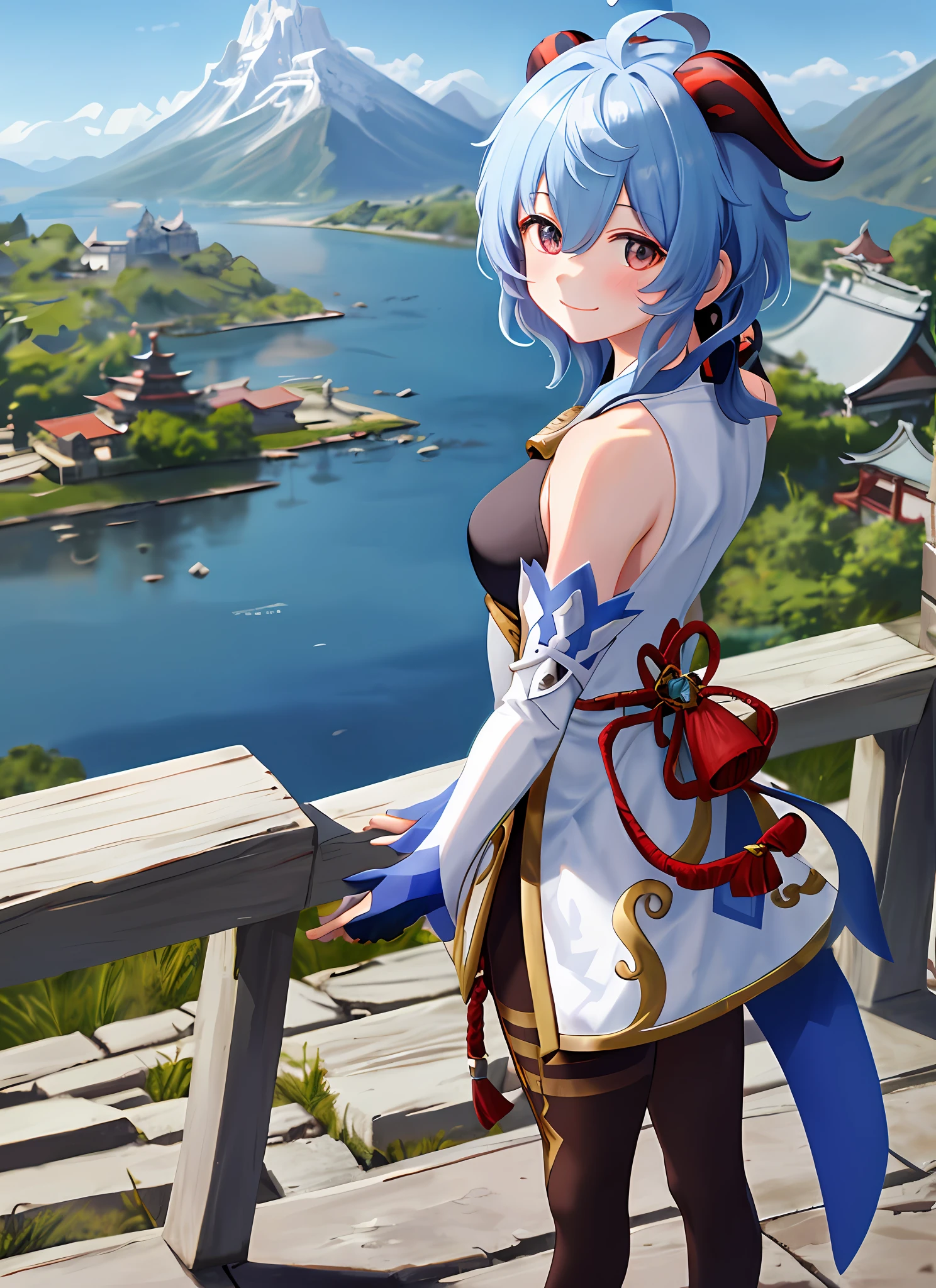 ganyudef, upper body, smile, blush, outdoors, day, simple background, blue sky, short hair, sky, temple, looking at viewer, stairs, mountain, moody lighting,