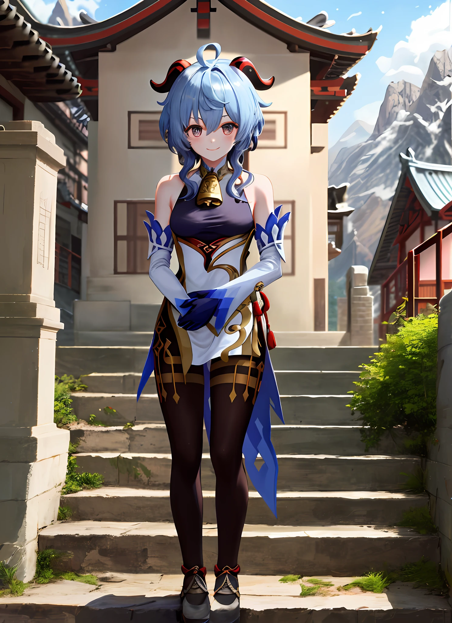 ganyudef, upper body, smile, blush, outdoors, day, simple background, blue sky, short hair, sky, temple, looking at viewer, stairs, mountain, moody lighting,