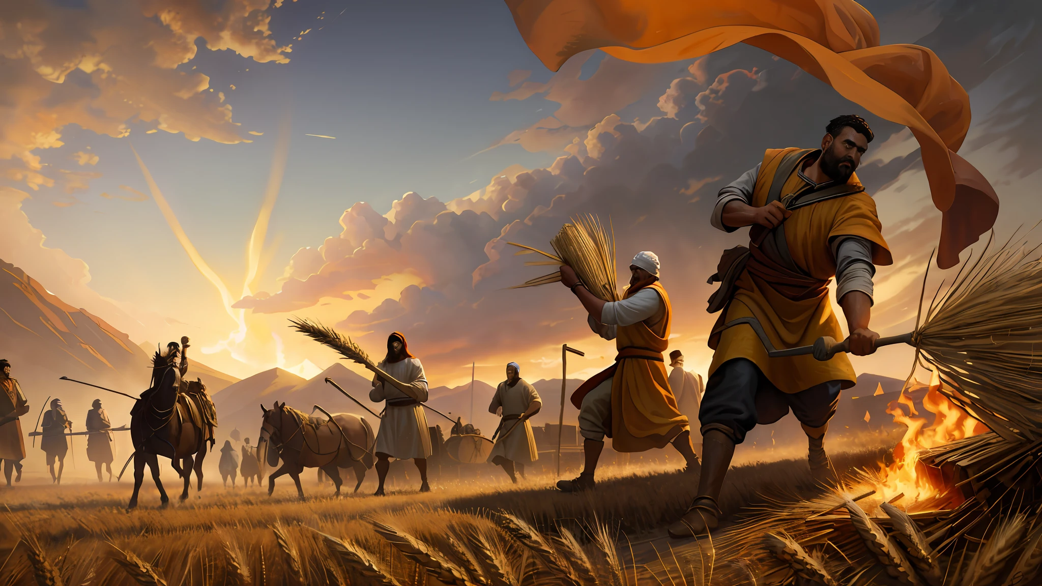 Oil painting, there is a man burning chaff at the stake, another man carries wheat to the warehouse in the background of the image, epic biblical representation, 8k uhd, cinematic lighting, high quality, --s2