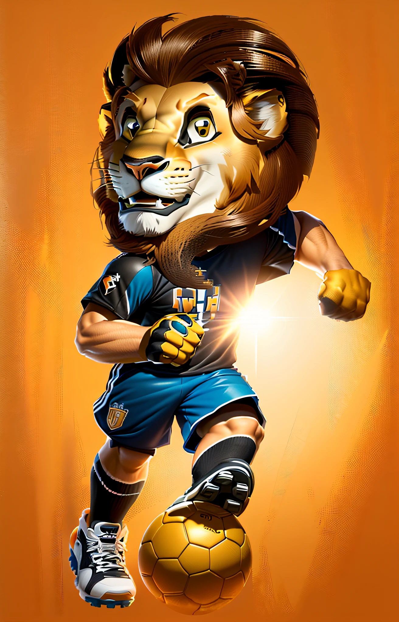 a realistic photo of this lion with a soccer ball in his foot, 2d full body lion, football mascot, sports team mascot, sports mascot, lions, full body mascot, half lion, lion body, toon rendering, logo without text, cute lion, CREATE A SIMILAR CHARACTER, BUT NOT VERY DIFFERENT, BUT WITH IMPROVED PROPORTIONS AND SHAPES, DISNEY STYLE, skinny male teen lion hair with quiff, wearing soccer player clothes, broad chest, thin brown mane, sportswear, smiling, soccer cleats, hands closed, face covered with lion skin texture, image with good lighting