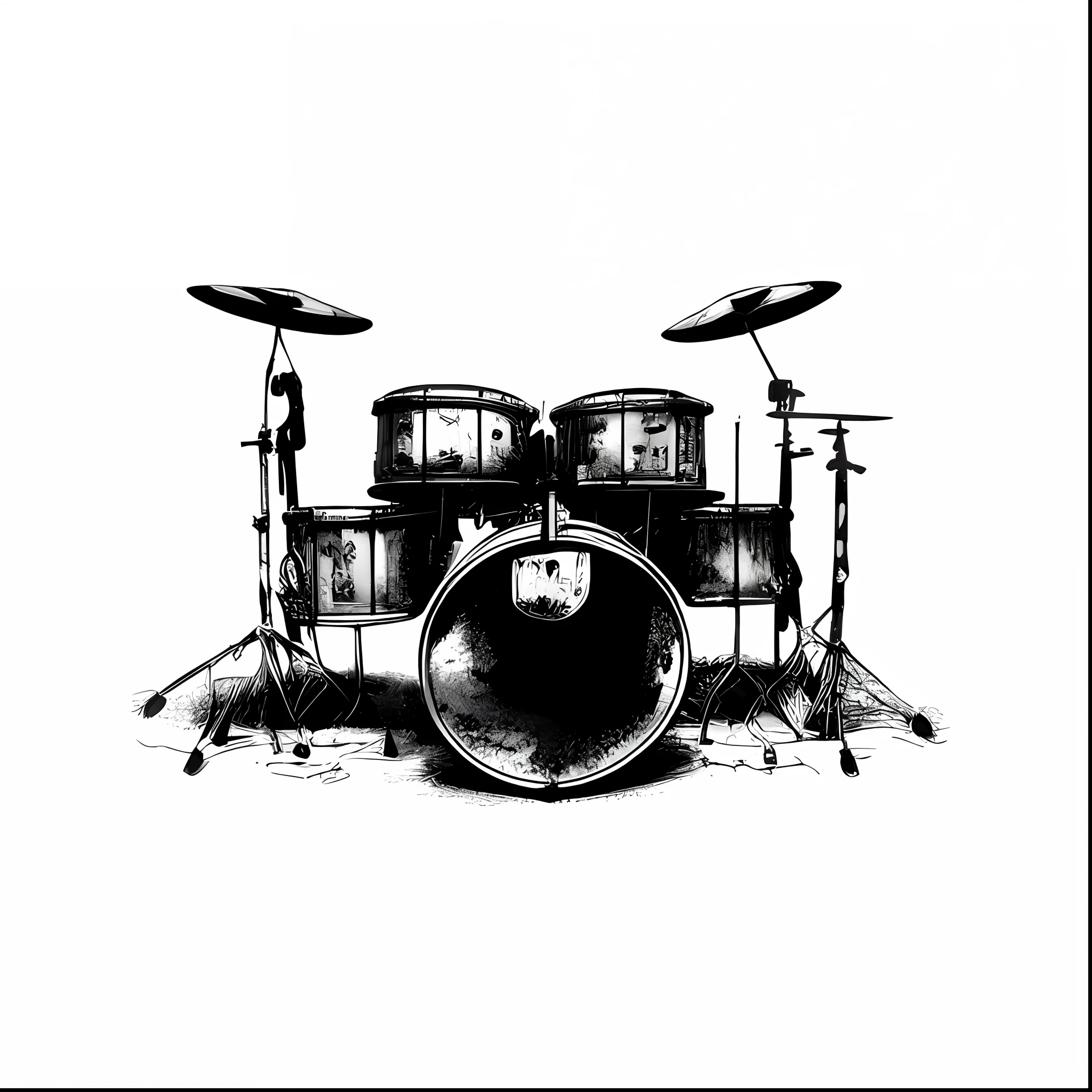 a close up of a drum kit with drums and cymbals, drum kit, drumkit, drum set, drums, drummer, bass drum, instrument, highly detailed ink illustration, playing drums, set against a white background, by Vadym Meller, hd illustration, heavy metal tshirt design, by Joe Bowler, by Steve Prescott, black and white ink style