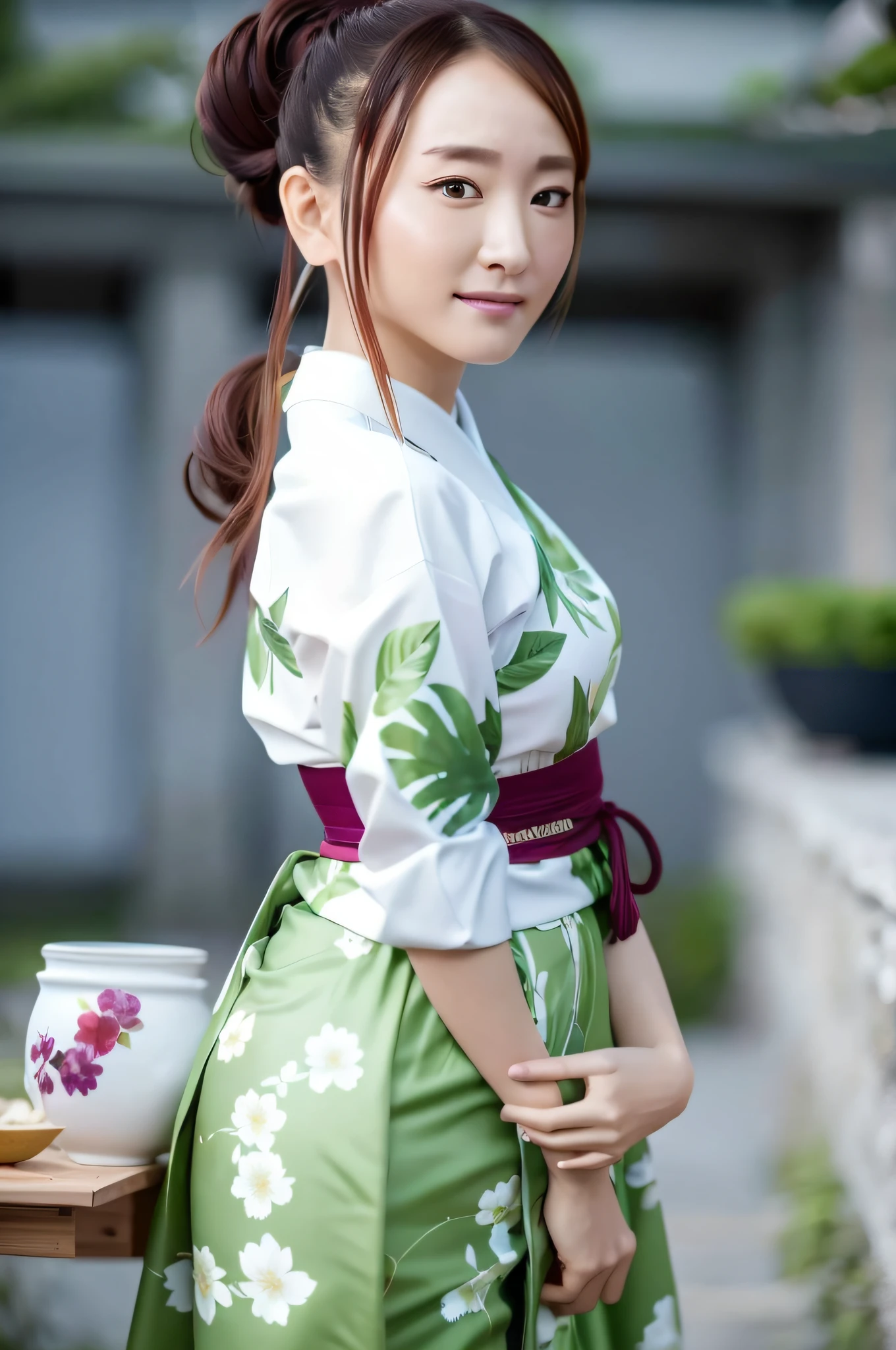 ultra high res, best quality, photo, 4k, (photorealistic:1.4),
1girl, high ponytail, 
hanfugirl,light green hanfu, floral print, 
arms behind back,