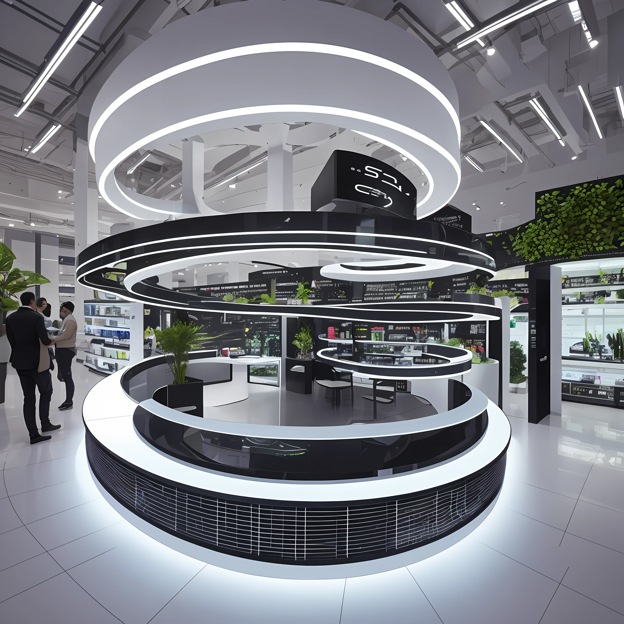 Stand design scheme, electronics, lighting design, main color black, super detailed, white lighting, super wide angle, rounded arc scheme, plants --auto --s2