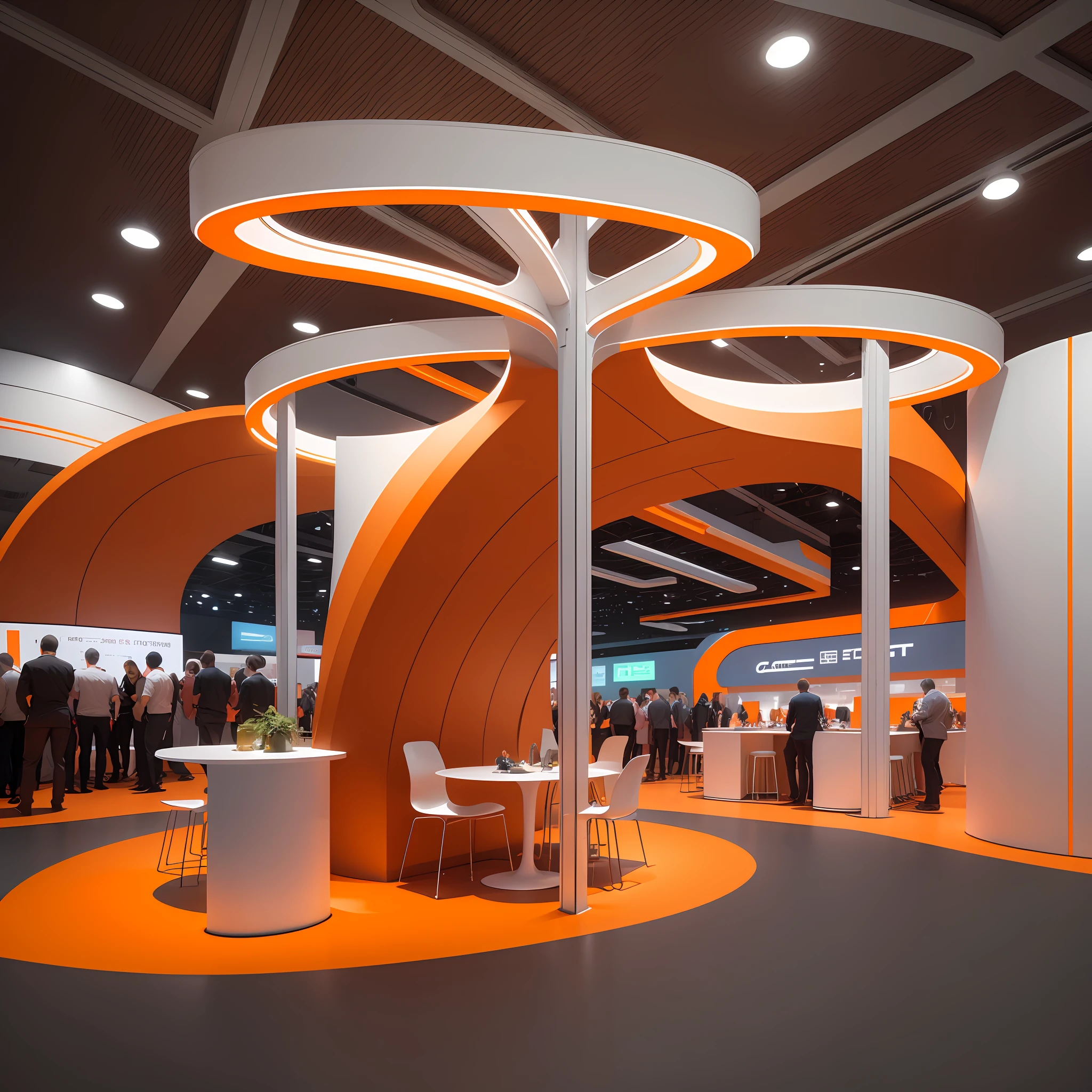 Booth design scheme, electronic products, lighting design, main color orange, super detailed, white lighting, ultra-wide angle, rounded arc scheme --auto --s2