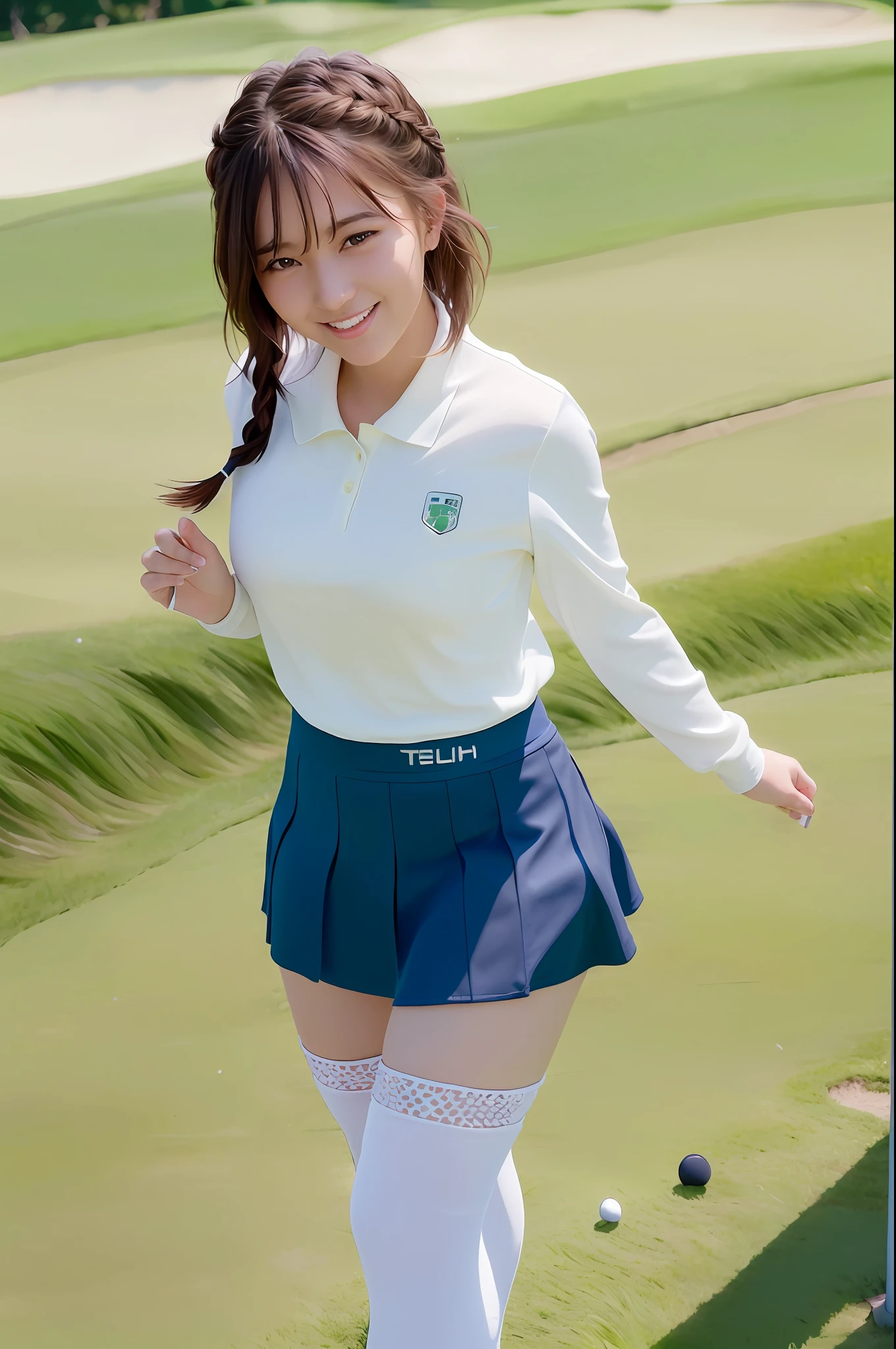 (skin spots: 1.2), (skin dentation), Black eyes, 1 female, 25 years old, ((((Female))), Solo, Real, Best Quality, Photorealistic, Masterpiece, 8K, High Resolution, Solo, Very Detailed Face, (Professional Lighting, Bokeh), (Light Particle, Lens Flare, Luminous Particle: 0.6), (Dynamic Pause: 1.2), Soft Lighting, Top Angle View, Fashionable and trendy atmosphere, Golf course, ((daytime)), Sky, ((Viewers: 1)), (Watching the camera), (Portrait: 0.6), Gorgeous, standing, keep the original facial proportions, Wide shoulders, Full body, (huge breasts), Too huge breasts, (short hair), Brown hair, Floating hair, Braided hair, Lips, Lipstick, Seductive smile, Floating hair, Braided hair, Smile, open_mouth, teeth, ((women's golf wear))), ((tight skirt)), ((knee socks)), sun visor, eyelashes, moles, (moles under eyes: 1), swing