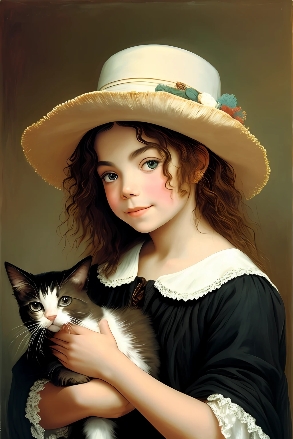 Michael Jackson oil painting cute freckled young girl holding in her hand a kitty and painted like a rembrandt from 1665 soft light v5