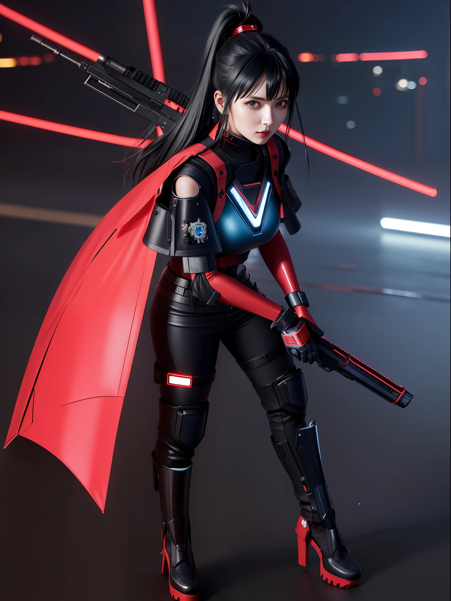 (full body photo:1.60), (A Kawaii Woman:1.5), (wearing red metal cyberpunk outfit|black|futurist blue+with a blue jewel on her breastplate:1.5), (she's in a futuristic city with lots of flying cars+at night+raining hard), (she has mohawk hair roza:1.31), (she has blue eyes:1.31), (she's holding futuristic weapons+sorting+staring at the viewer:1.45),  Hyperrealism, 16k, best quality, high details, UHD