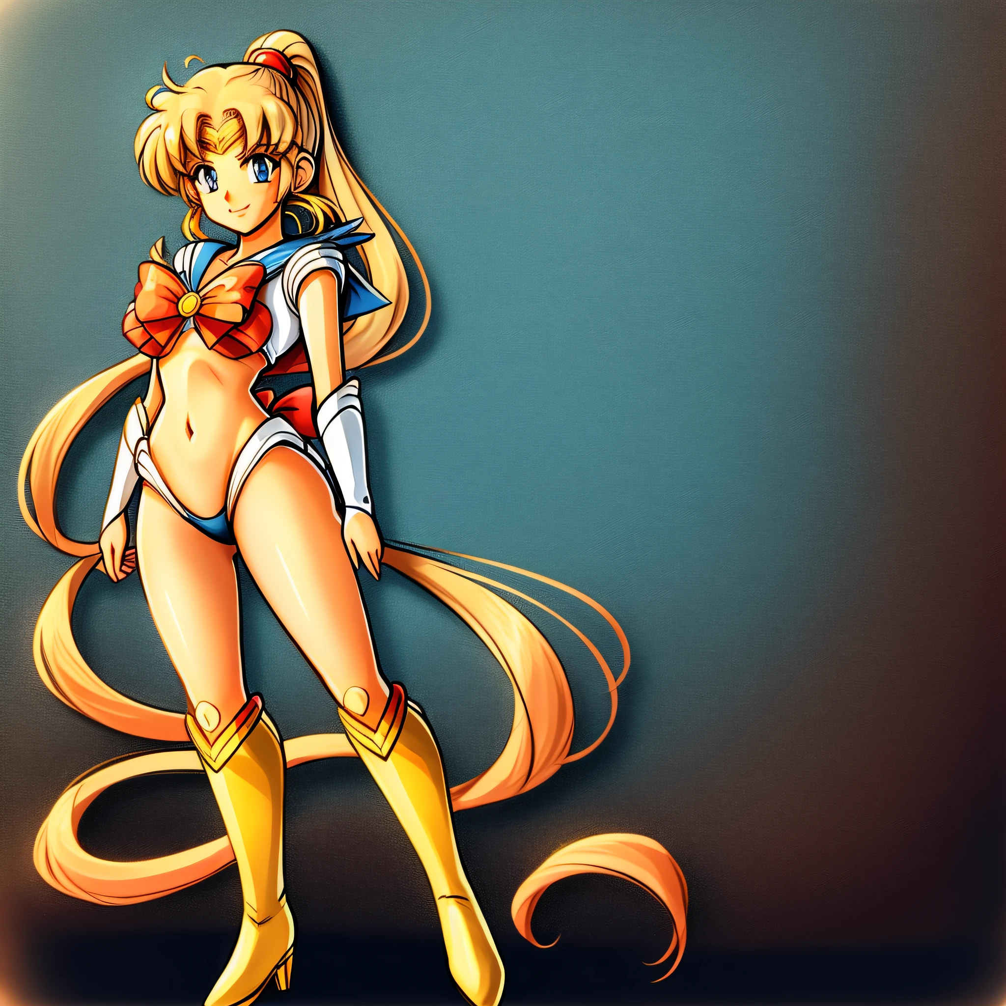 STICKER (Sailor Moon), cosplay, face view, ass view, high heeled boots, show boots, ultra detailed, masterpiece, best quality, sticker with borders, tan skin, ponytail,(sailor moon costume), blue eyes, blonde hair, long hair, smile, nsfw, big breasts, thigh highs, panties, wide hips, short, solo, full cleavage, full body portrait, model pose, show all, wide angle view, multiple, see thru nipple
