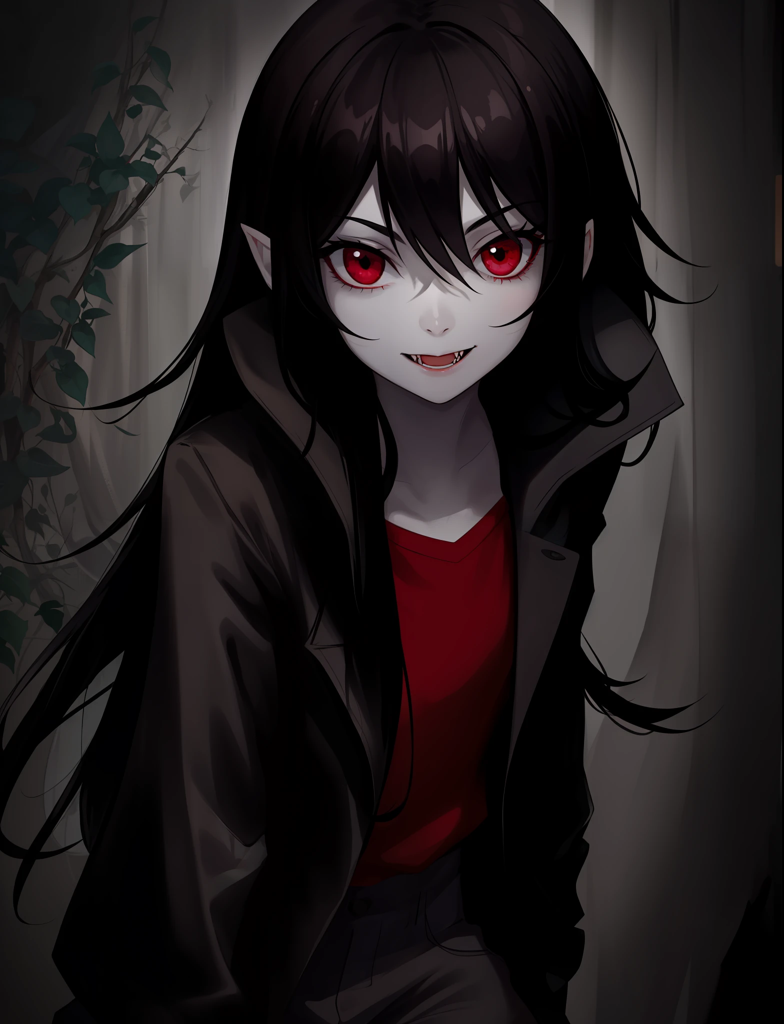 beautiful, masterpiece, best quality, 1girl, 
marceline abadeer, black hair, clothed, clothing, fangs, grey body, grey skin, hair, long hair, looking at viewer, plant, solo, teeth, vampire, adventure time, a-