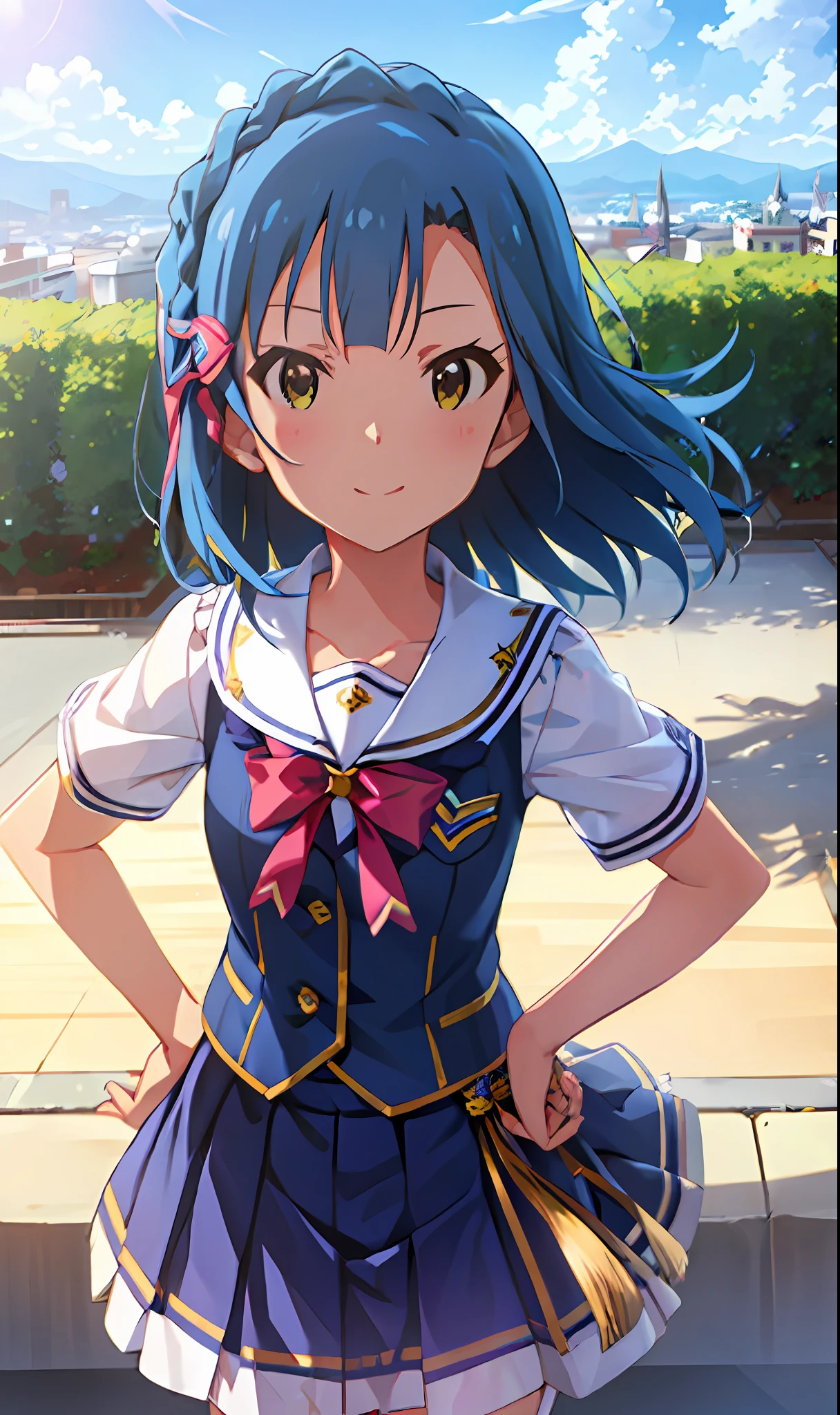 Yuriko Nanao (Million Live), (Top Quality, 8K, Masterpiece, Super Detail: 1.2), Cinematic Angle,
day, dappled sunlight, blue sky, beautiful clouds, cityscape, lens flare, glow, light particles, wide shot,
1 girl, solo, skirt, smile, watch viewer, sailor color, pleated skirt, short sleeve, school uniform, blush, seraphuk, collarbone, ribbon, upper body, adjusted hair, wind, floating hair, hands on hips and chest out.look straight ahead.look at the camera.