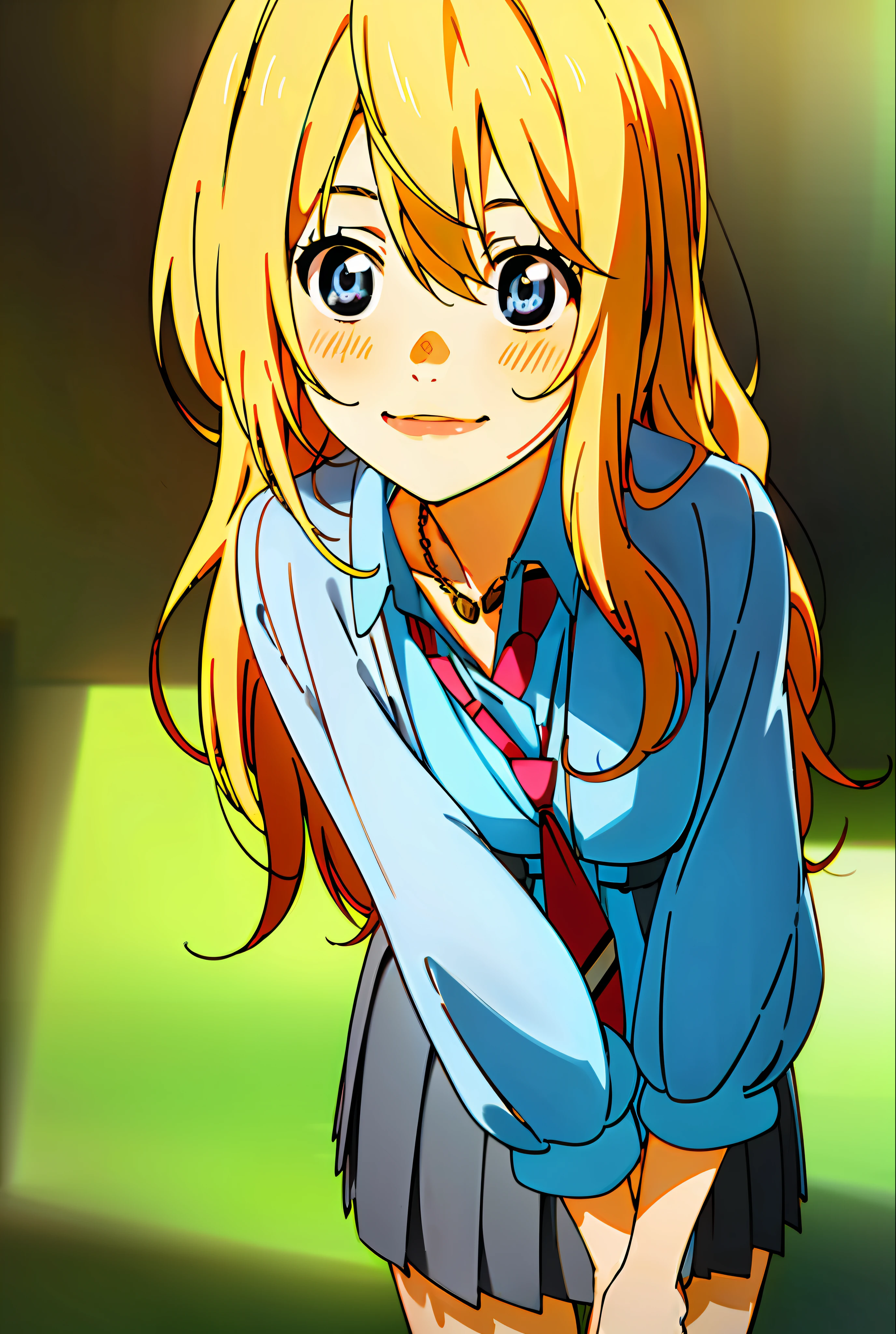 kaori, blonde_hair, school uniform, standing, 1 girl, solo, smile, long_sleeves, long_hair, upper body, elegant, octane rendering, 8k, best quality, masterpiece, extremely delicate beautiful face, realistic, beautiful, makeup, with necklace, detailed, garden background, ((())