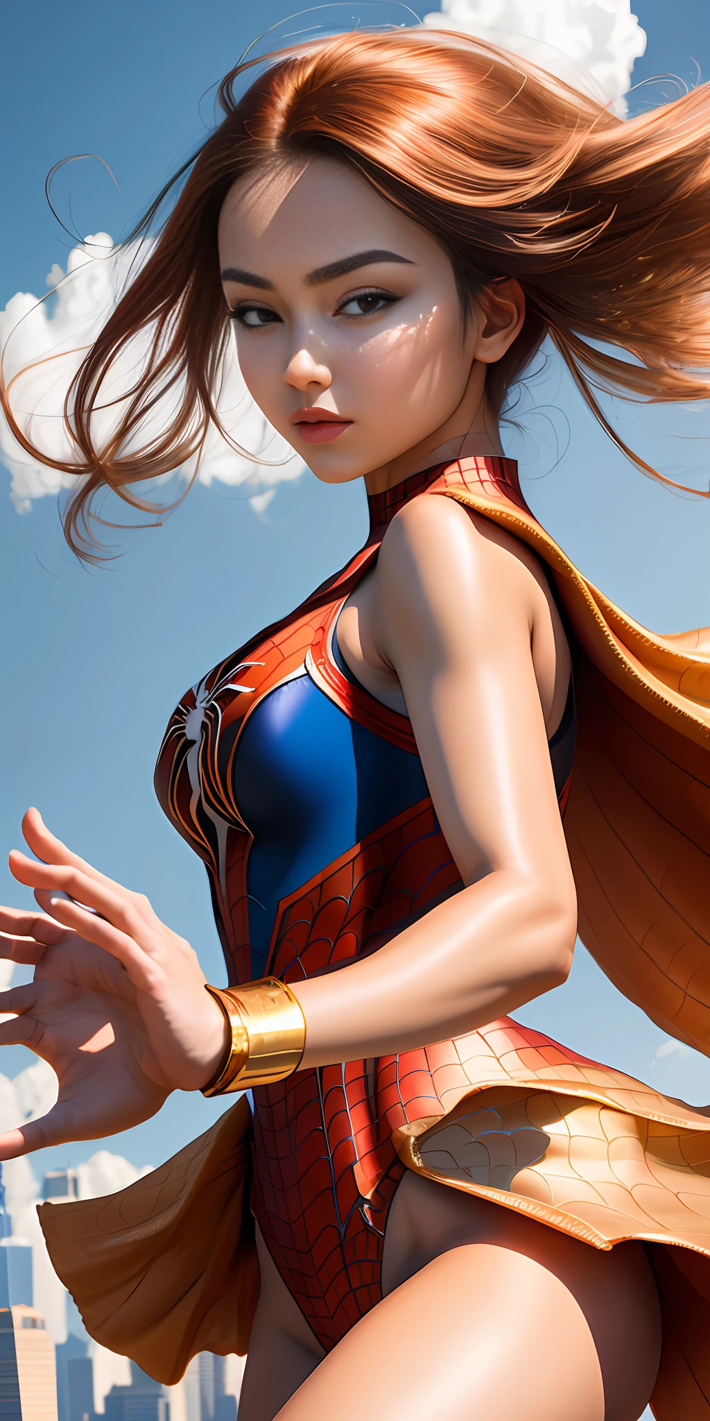 Anime style, (Spider-Man girl), insanely beautiful Alina Golohowa portrait photo, 21 years old, full body, angle from below, legs spread, camel toe, body curve, navel, mini skirt, smooth creamy skin, beautiful chestnut eyes, beautiful face details, ((Manhattan background))), low angle medium shot, greedy and attractive, Gorgeous and vivid emotions with a surprisingly euphoric feeling, peach fluff, symmetrical circular iris, natural glitter makeup, detailed moisture, detailed droplets, detailed complex hair, DSLR, reflected in ray trace, Pino Deni, Bud Melman by Larry, symmetrical face and body, CGsociety, Gottfried Helnwein and Irakli Nadal, eye reflection, focus, Unreal Engine 5, VFX, Film Photography, Extreme Detail, Ultra HD, Post-Processing, Post-Production, Single Face, Tambil Tamim, Ultra-Realistic Photography, Shot with Hasselblad X1D-50c, ISO 100
