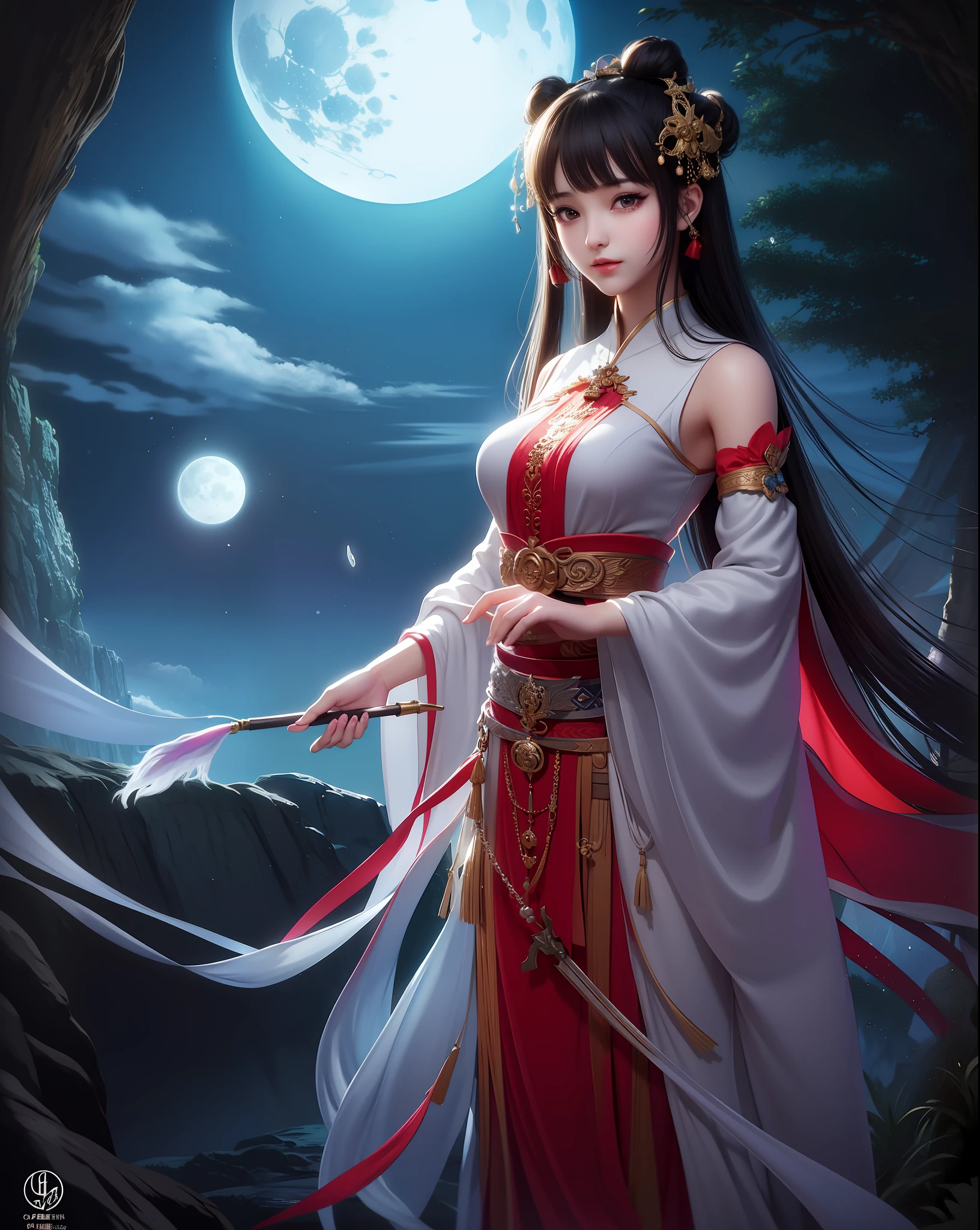 (8k, RAW photo:1.2), best quality, ultra high res,dramatic angle,(fluttered detailed color splashs), (illustration),(((1 girl))),(long hair),(rain:0.9), (头饰:1.4),少女身边有一座古宫,汉服,(重点),彩色水墨画,(泼彩),泼彩,(((colorful))),(素描:0.8) , Masterpiece, best quality, beautiful painted, highly detailed,(denoising:0.6),[splash ink],((ink refraction)), (beautiful detailed sky),moon,highly,detaild,(masterpiece, best quality, extremely detailed） CG unity 8k壁纸，杰作，最好的质量，超详细），（石蒜），