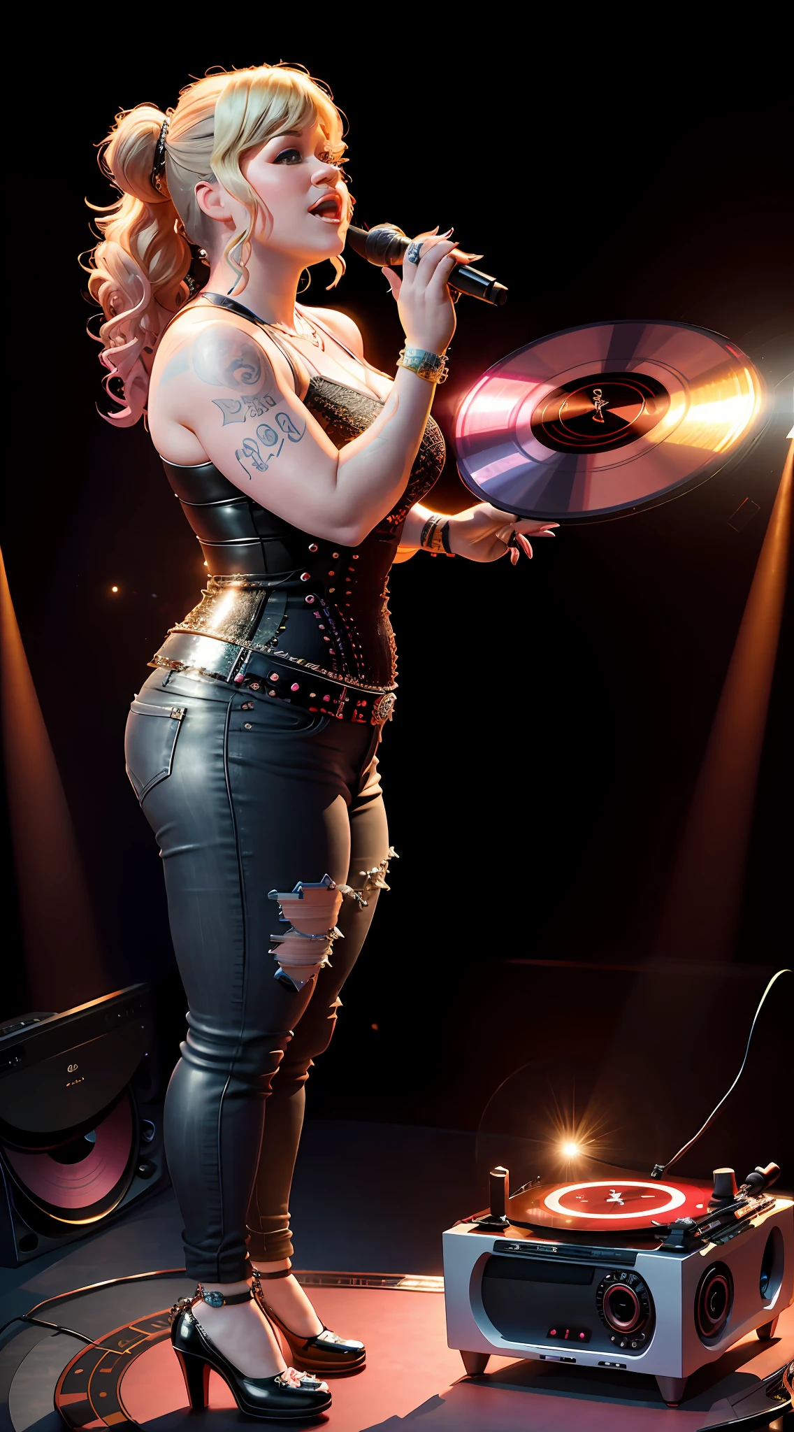 Kelly Clarkson, looking at the audience, full body in high definition with a vinyl record for the footrest in an excellent 8k evolution ((Miniature toy for collection))