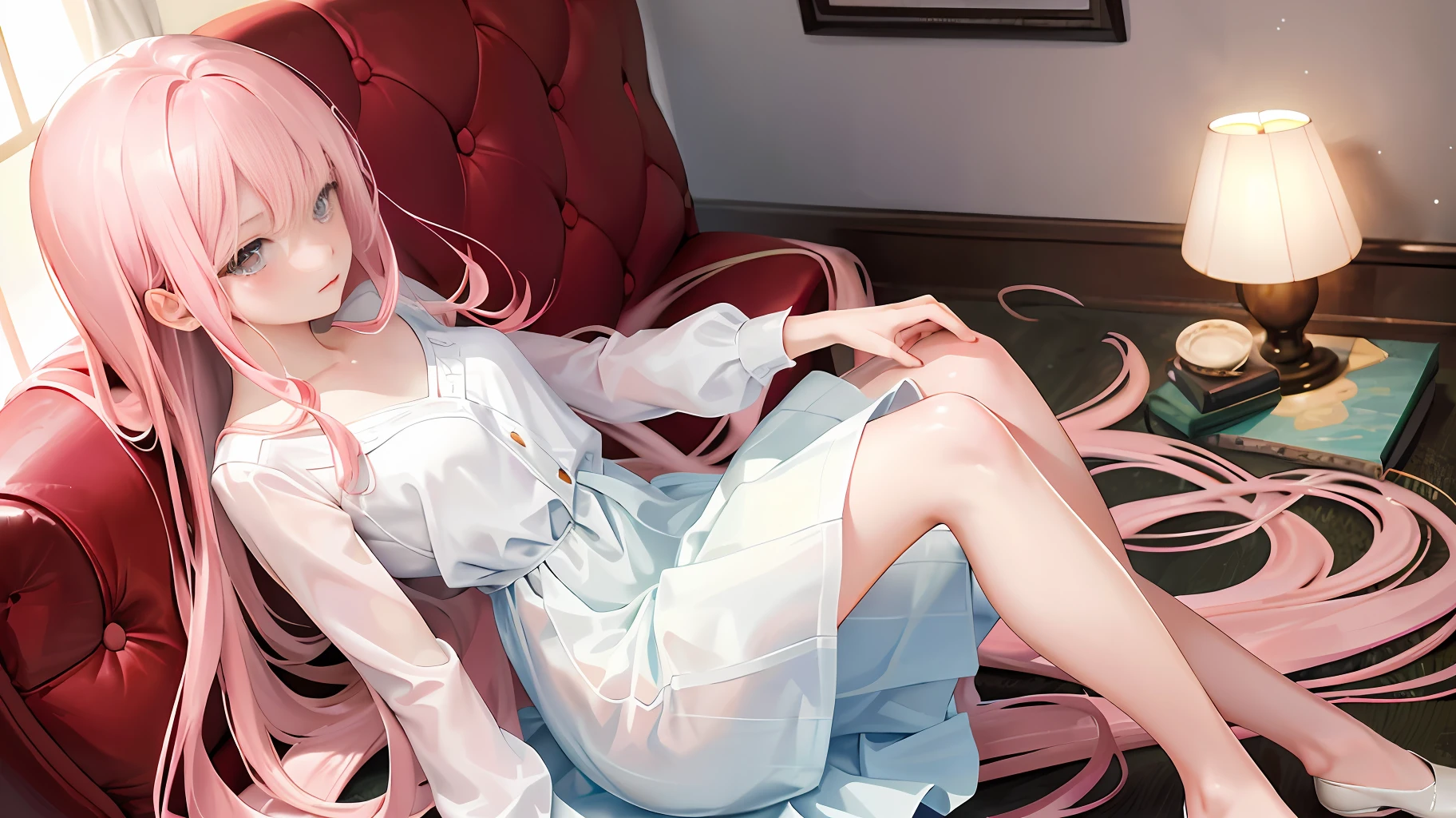 Super high resolution, (Realistic: 1.4), Original photo, 1 girl, ((Best Quality)), (Masterpiece: 1.2), (Delicate Beautiful Girl), illustration, 1 girl, long pink hair, delicate makeup, white shirt, skirt, luxurious room, sofa, red wine, squatting on the ground, blushing