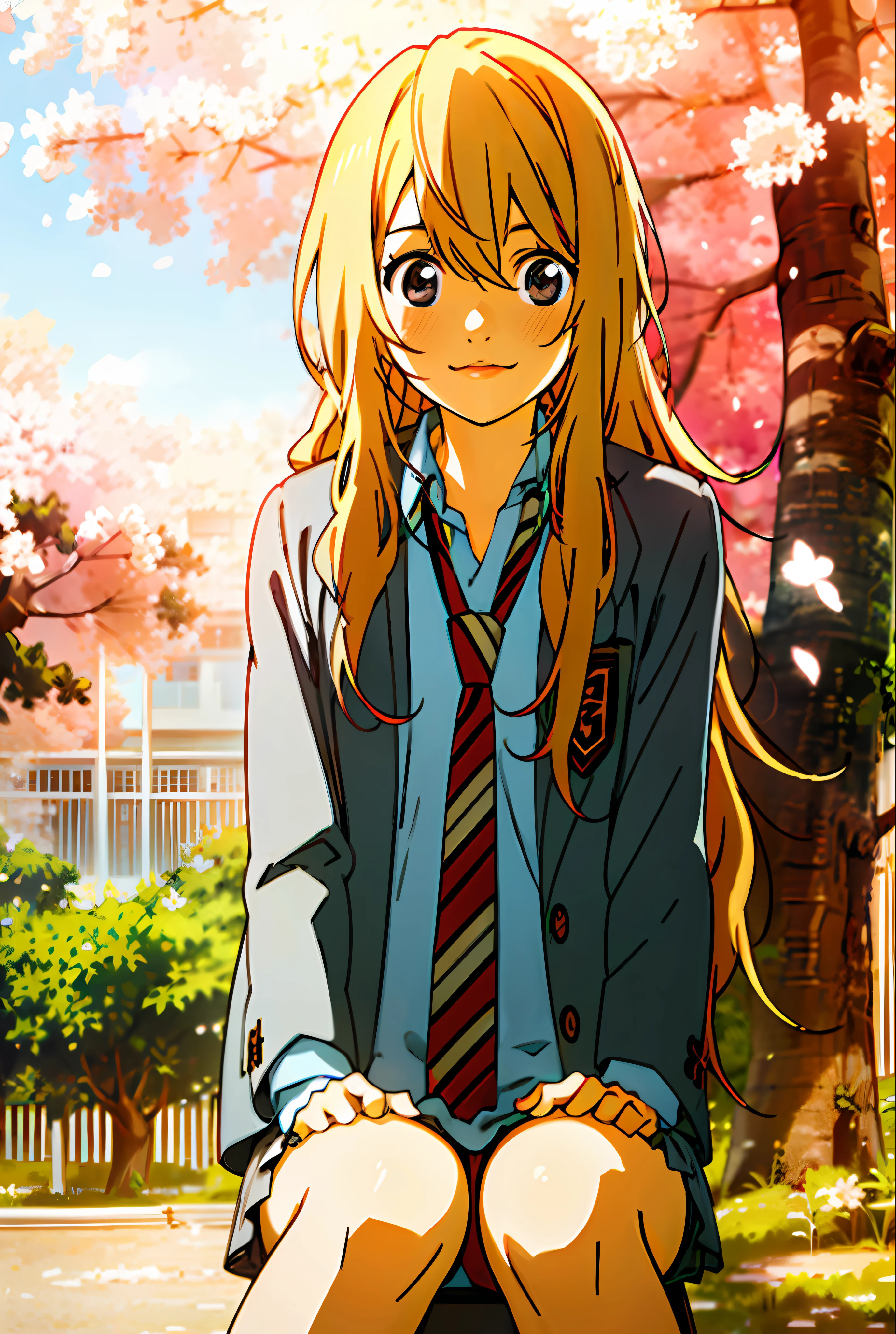 kaori, blonde_hair, school uniform, standing, 1girl, solo, smile, long_sleeves, long_hair, upper body, elegant, octane rendering,8k, best quality, masterpiece, an extremely delicate and beautiful face, realistic, beautiful, makeup, with necklace, detailed, garden background, ((()) sitting under a cherry tree, sitting under a tree, view from afar,