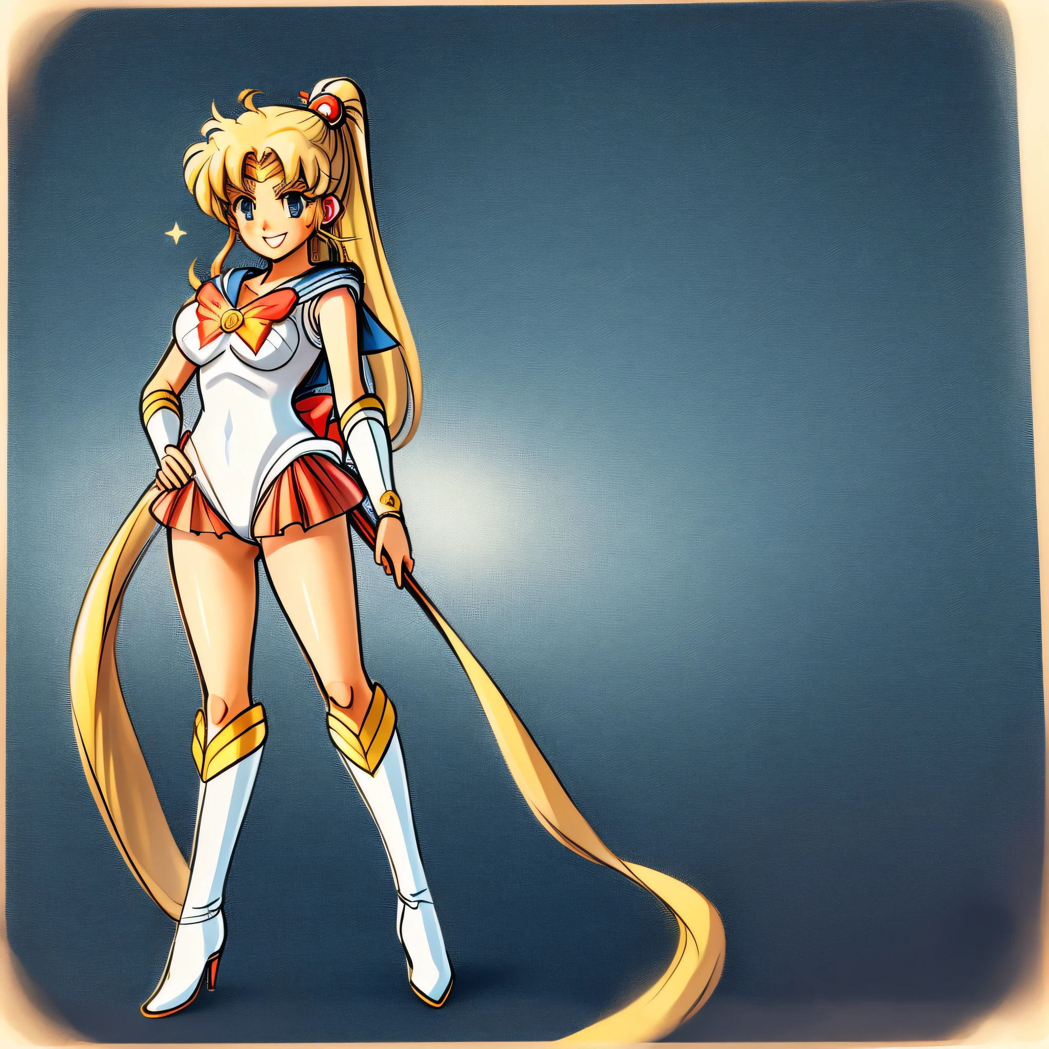 STICKER (Sailor Moon), cosplay, face view, ass view, high heeled boots, show boots, ultra detailed, masterpiece, best quality, sticker with borders, tan skin, ponytail,(sailor moon costume), blue eyes, blonde hair, long hair, smile, nsfw, big breasts, thigh highs, panties, wide hips, short, solo, full cleavage, full body portrait, model pose, show all, wide angle view, multiple, see thru nipple