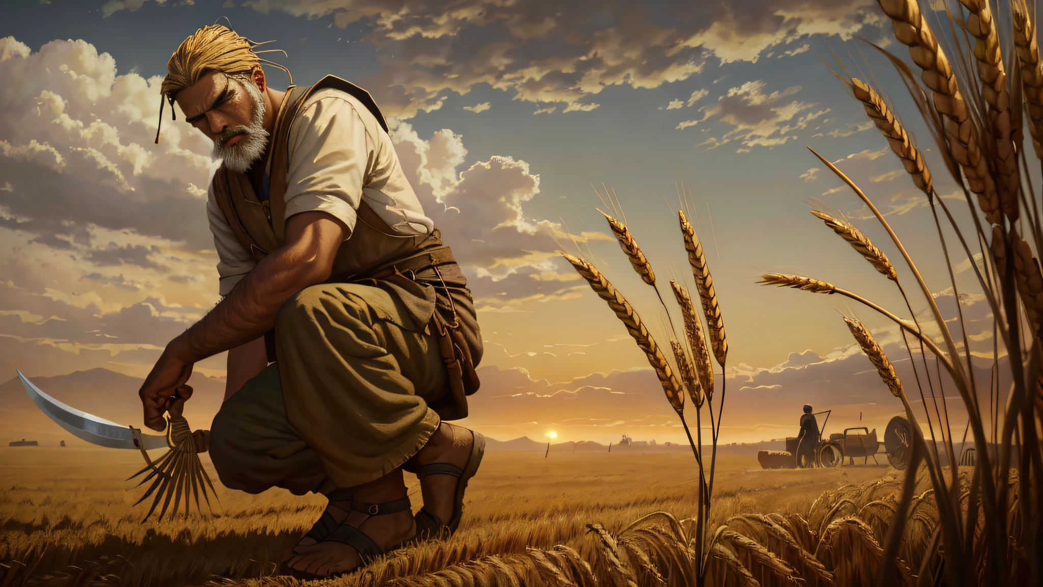 Oil painting, there is a man on his knees in the field checking the wheat crop, there is chaff and wheat mixed, a man's hand with a sickle harvesting the wheat in the left corner of the image, epic biblical representation, 8k uhd, cinematic lighting, high quality, --s2