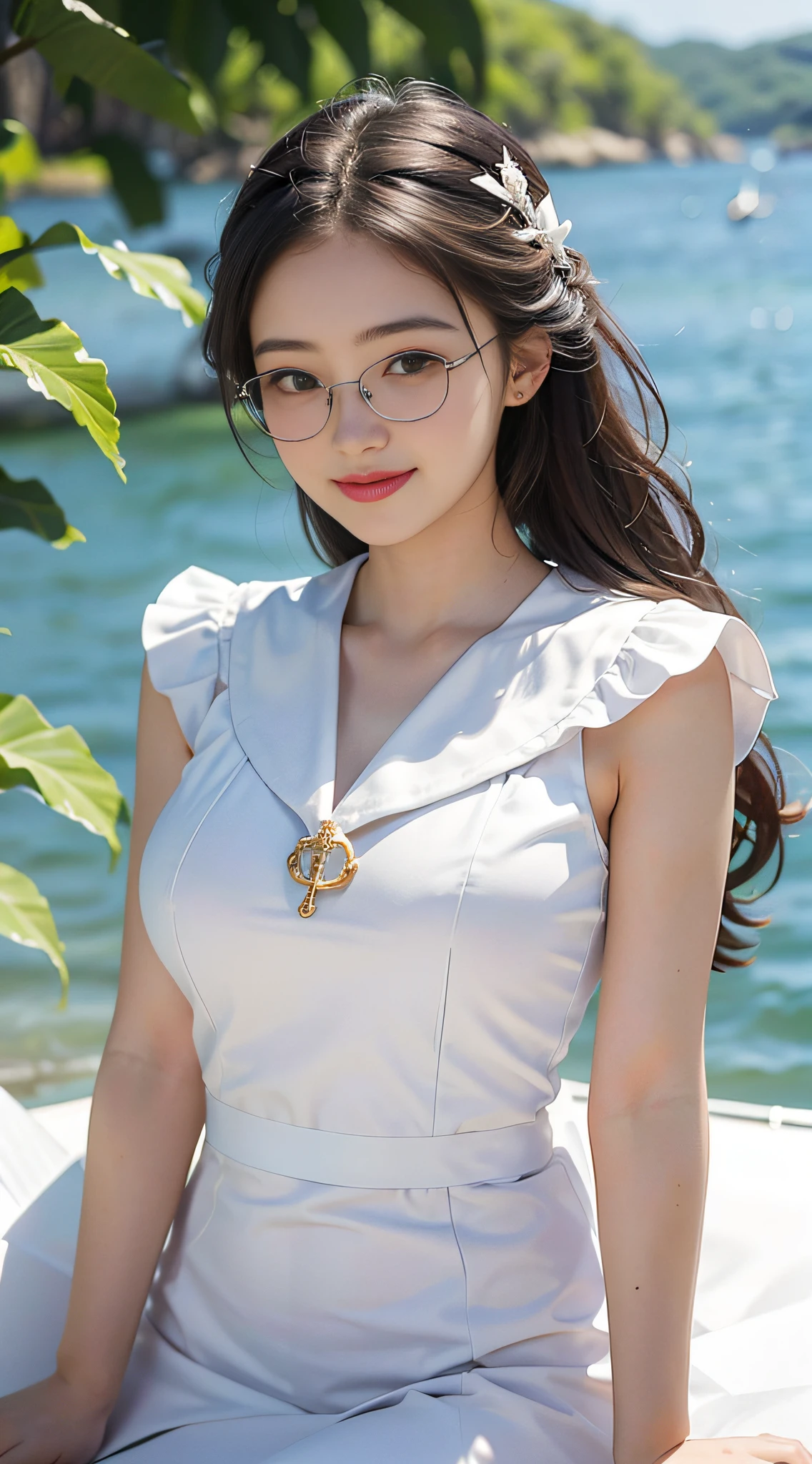 (8k, RAW photo, best quality, masterpiece: 1.2), (realistic, photorealistic: 1.37), super detail, (detailed beautiful girl: 1.4), woman in her 20s, 1 girl, white dress, (((white sailor color)), mermaid skirt, full body with nature in the background, looking at me with a smile, huge breasts, glasses, cute hairstyle