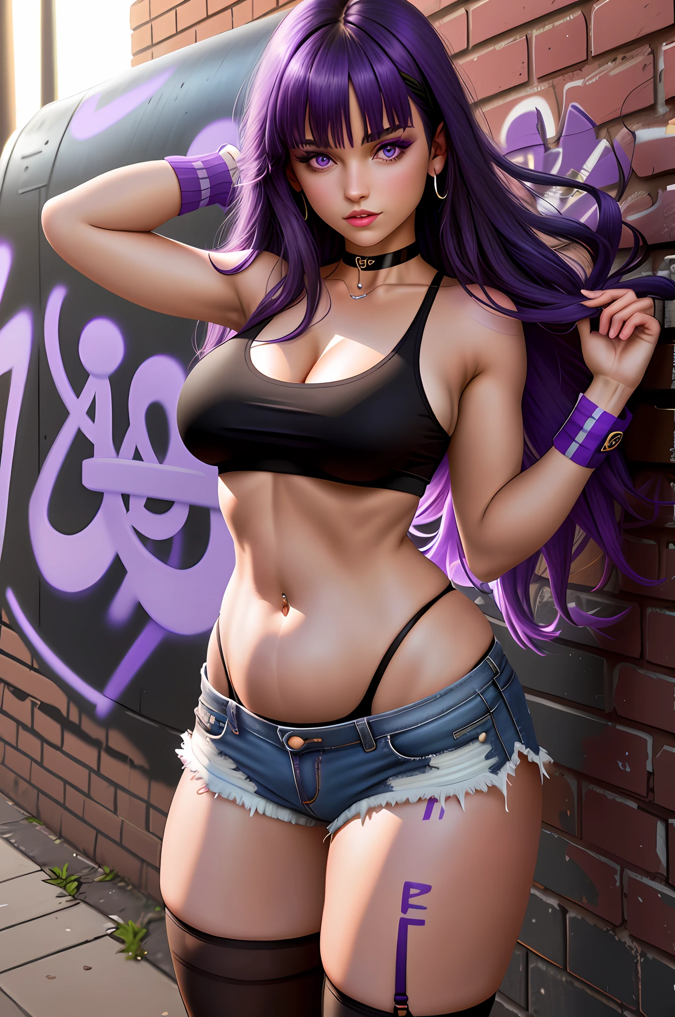 16k, UHD, Best quality, Hyperrealistic, High detail, best detail, short purple tank top, large boobs, (belly button piercing), beautiful girl, standing, against brick wall covered in graffiti, long black hair with chopped bangs, black choker, black (thigh-high socks), (underboob), exposed underboob, exposed side boob, ripped white short shorts exposing (black panties), beautiful purple eyes, night time, low light, unbuttoned shorts, exposed black panties, lit by streetlight, white shorts unbuttoned, (purple) shirt