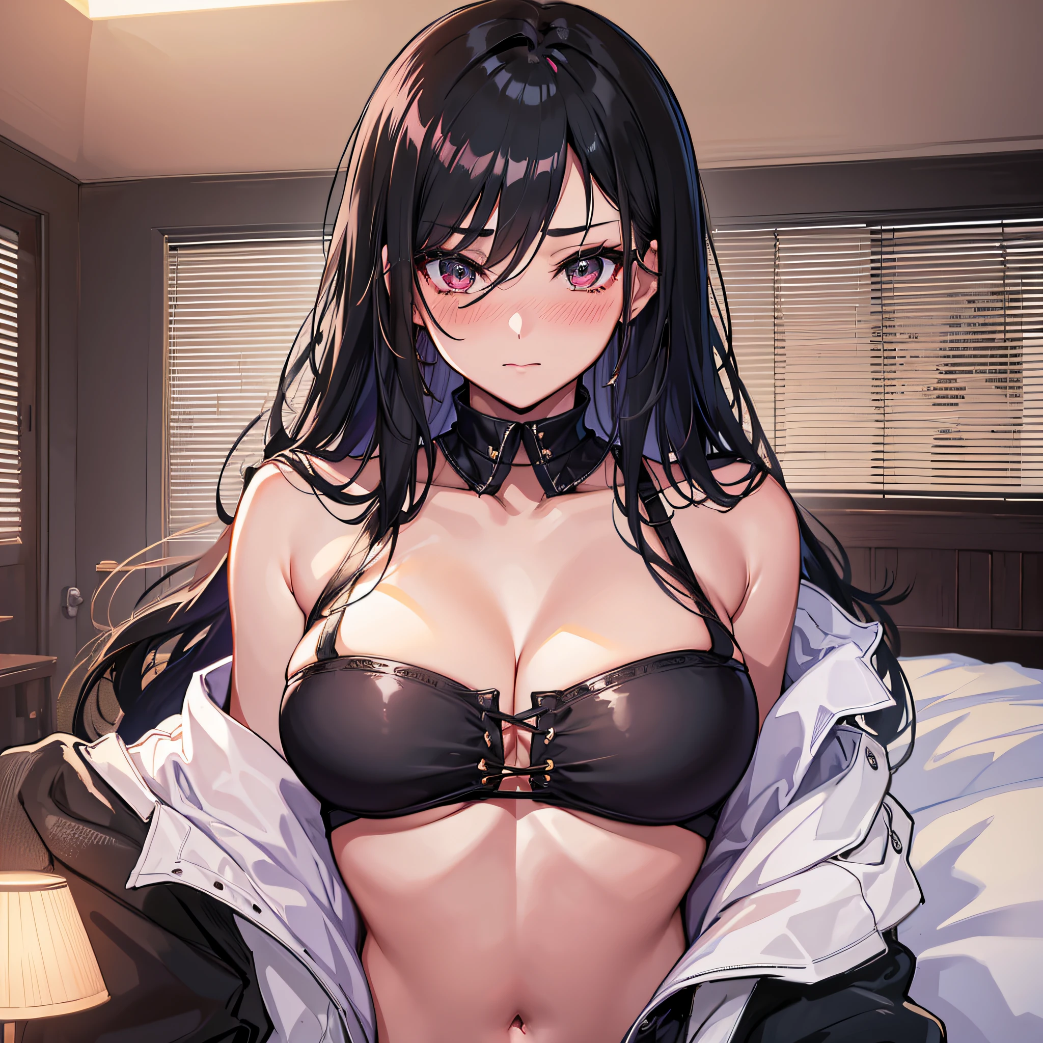2 girls, black hair, open shirt, very long hair, big sexy, in bed best quality, blushing, rolling eyes, looking at the audience, teacher, big seduction, perfect slim body, 8K, open chest outfit, big breasted beauty