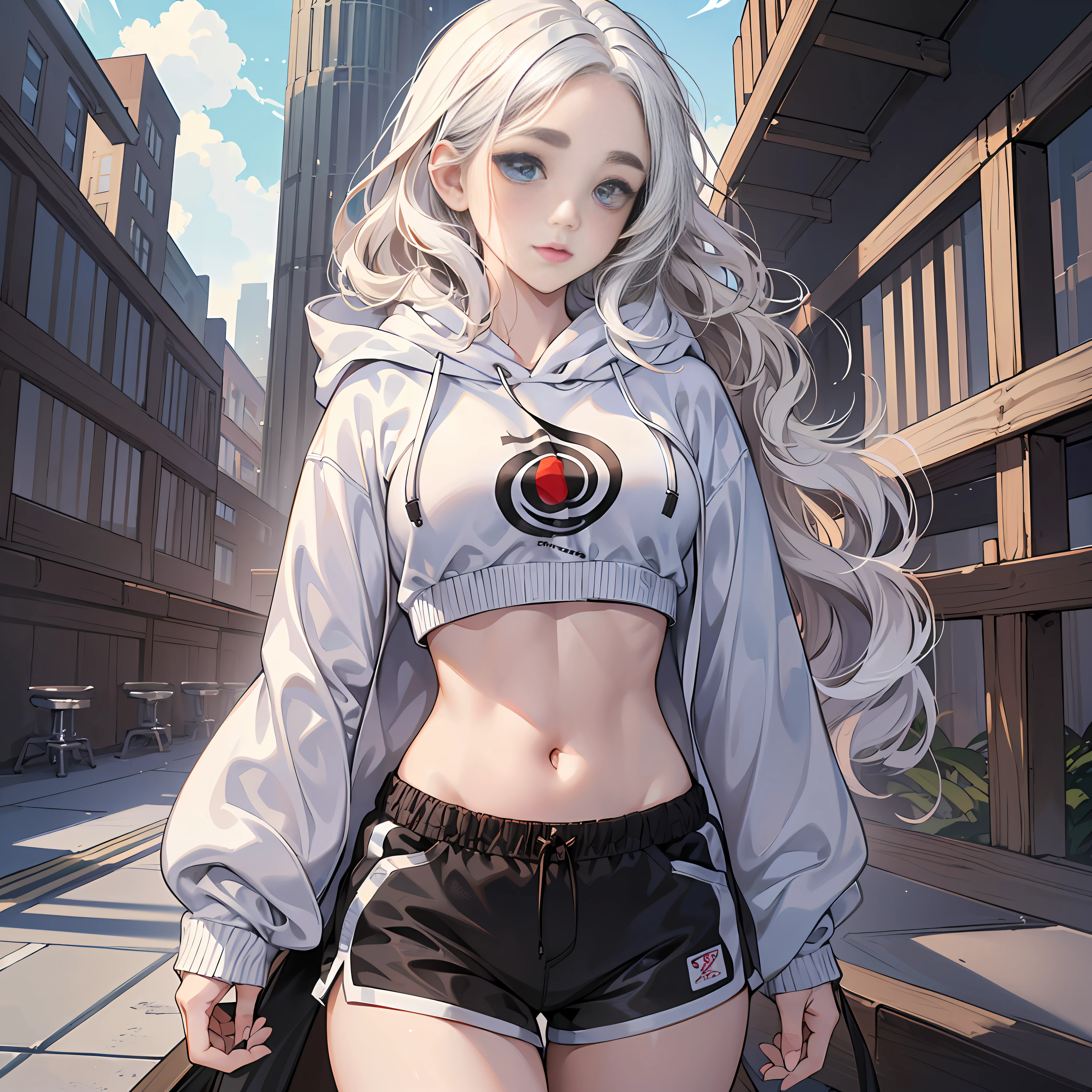 (Masterpiece, realistic, high resolution), (1 girl): 1.2), Korean, ((white wavy hair): 1.3), (heterochromic eyes: 1.1, thick eyebrows,), (white hoodie, black sports shorts), (medium breasts): 1.2, small waist, thighs), catwalk --auto --s2