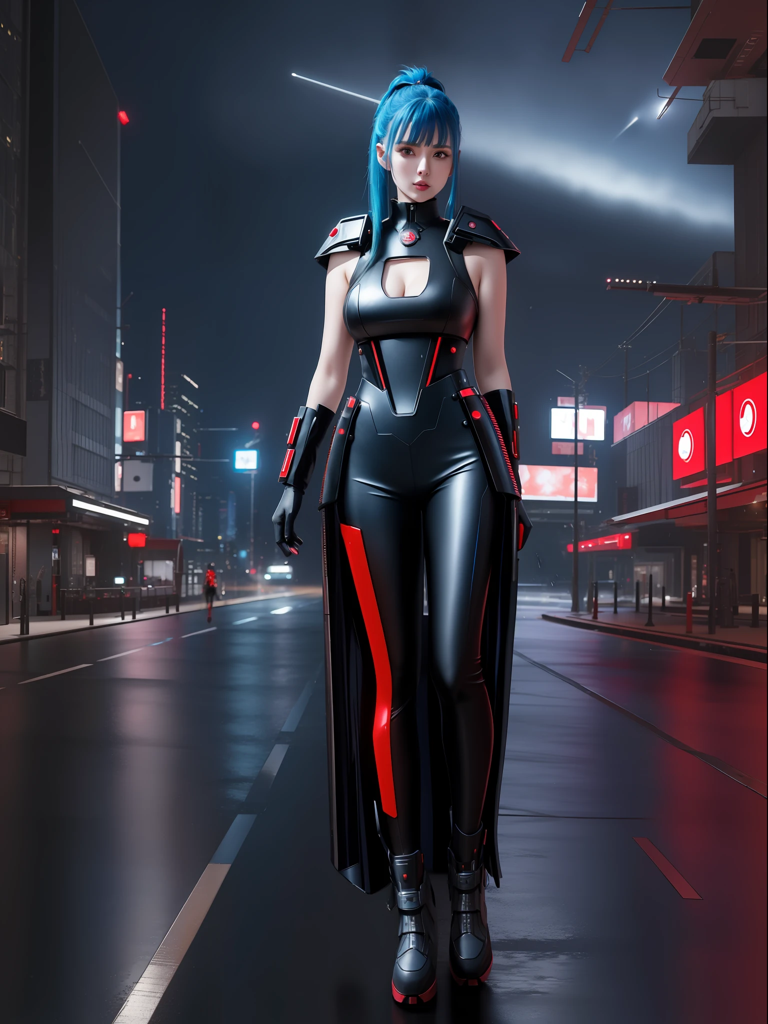 (full body photo:1.9), (A Kawaii Woman:1.5), (wearing red metal cyberpunk outfit|black|futurist blue+with a blue jewel on her breastplate:1.4), (she's in a futuristic city with lots of flying cars+at night+raining hard:1.5), (she has mohawk hair roza:1.3), (she has blue eyes:1.3), (she's holding futuristic weapons+sorting+staring at the viewer:1.5),  Hyperrealism, 16k, best quality, high details, UHD