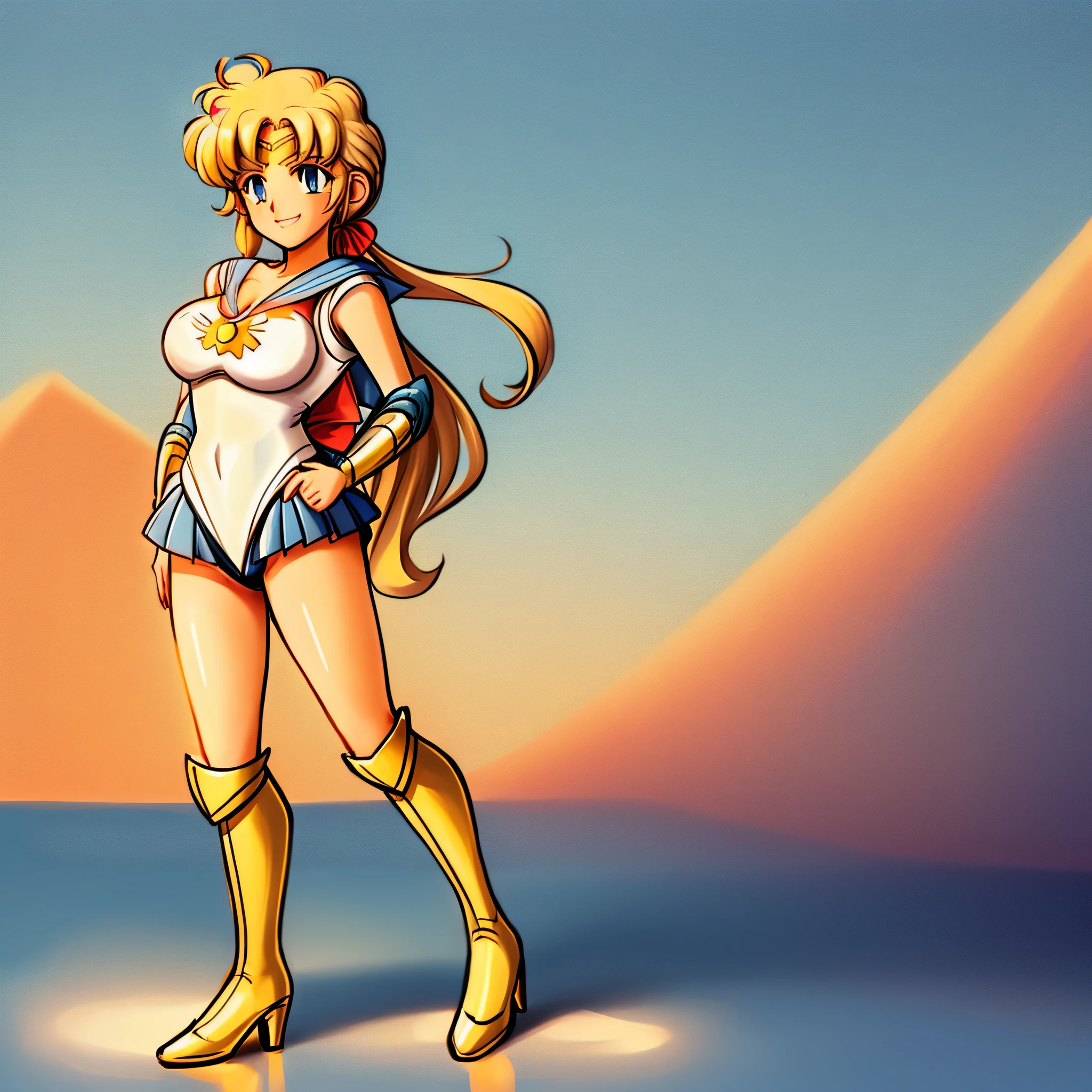 STICKER (Sailor Moon), cosplay, face view, ass view, high heeled boots, show boots, ultra detailed, masterpiece, best quality, sticker with borders, tan skin, ponytail,(sailor moon costume), blue eyes, blonde hair, long hair, smile, nsfw, big breasts, thigh highs, panties, wide hips, short, solo, full cleavage, full body portrait, model pose, show all, wide angle view, multiple, see thru nipple