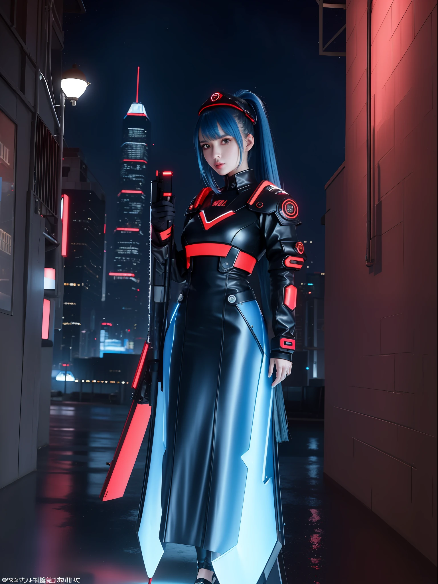 (full body photo:1.9), (A Kawaii Woman:1.5), (wearing red metal cyberpunk outfit|black|futurist blue+with a blue jewel on her breastplate:1.4), (she's in a futuristic city with lots of flying cars+at night+raining hard:1.5), (she has mohawk hair roza:1.3), (she has blue eyes:1.3), (she's holding futuristic weapons+sorting+staring at the viewer:1.5), Hyperrealism, 16k, best quality, high details, UHD
