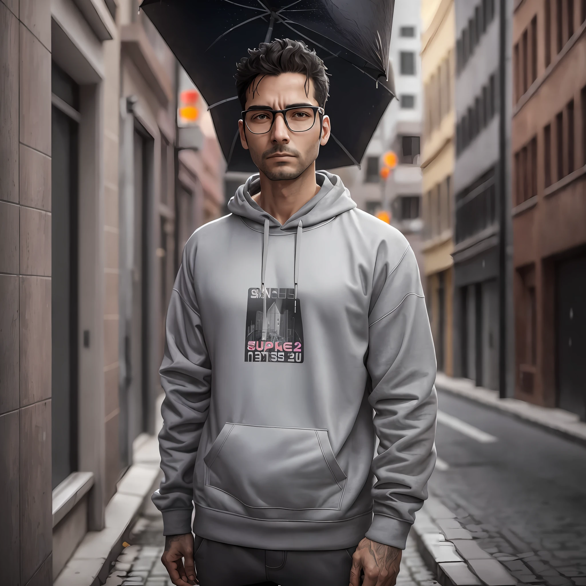 Surrealism, 8k, super detail, man, 30 years old, sneakers, gray sweatshirt, standing on a sidewalk, urban center, the man has no hair, wears dark frame glasses, it is raining, the drops fall on the skin of his face, he has a low, thin beard --auto --s2